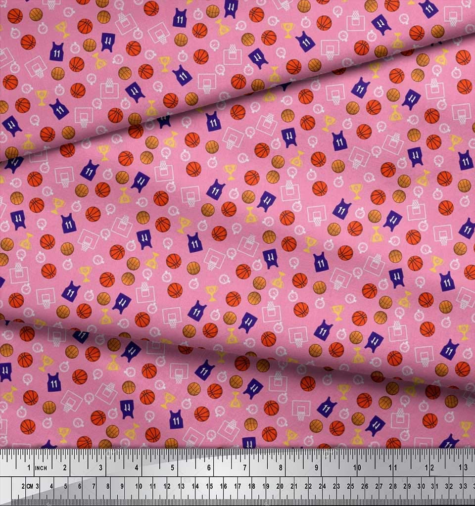 Soimoi Rayon Pink Fabric by The Yard - 56 Inch Wide - Sports Championship Print with Trophy, Timer Clock & Basketball Design - Perfect for DIY Costumes, Quilting & Home Decor Projects
