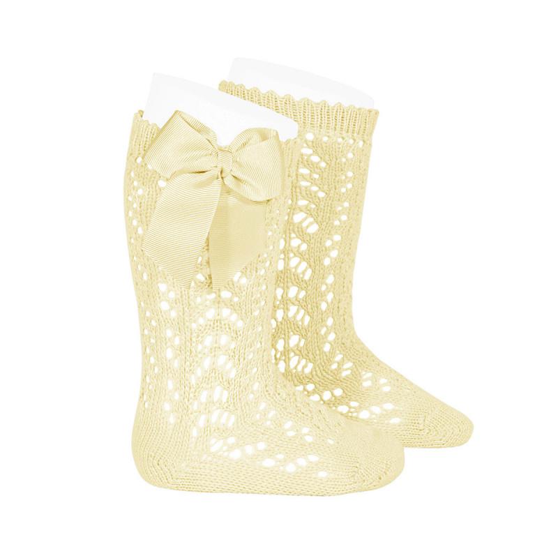 Lemon Lace Openwork Bow Socks for Women - Elegant Floral Pattern Ankle Socks - Perfect for Spring Outfits, Weddings, and Special Occasions