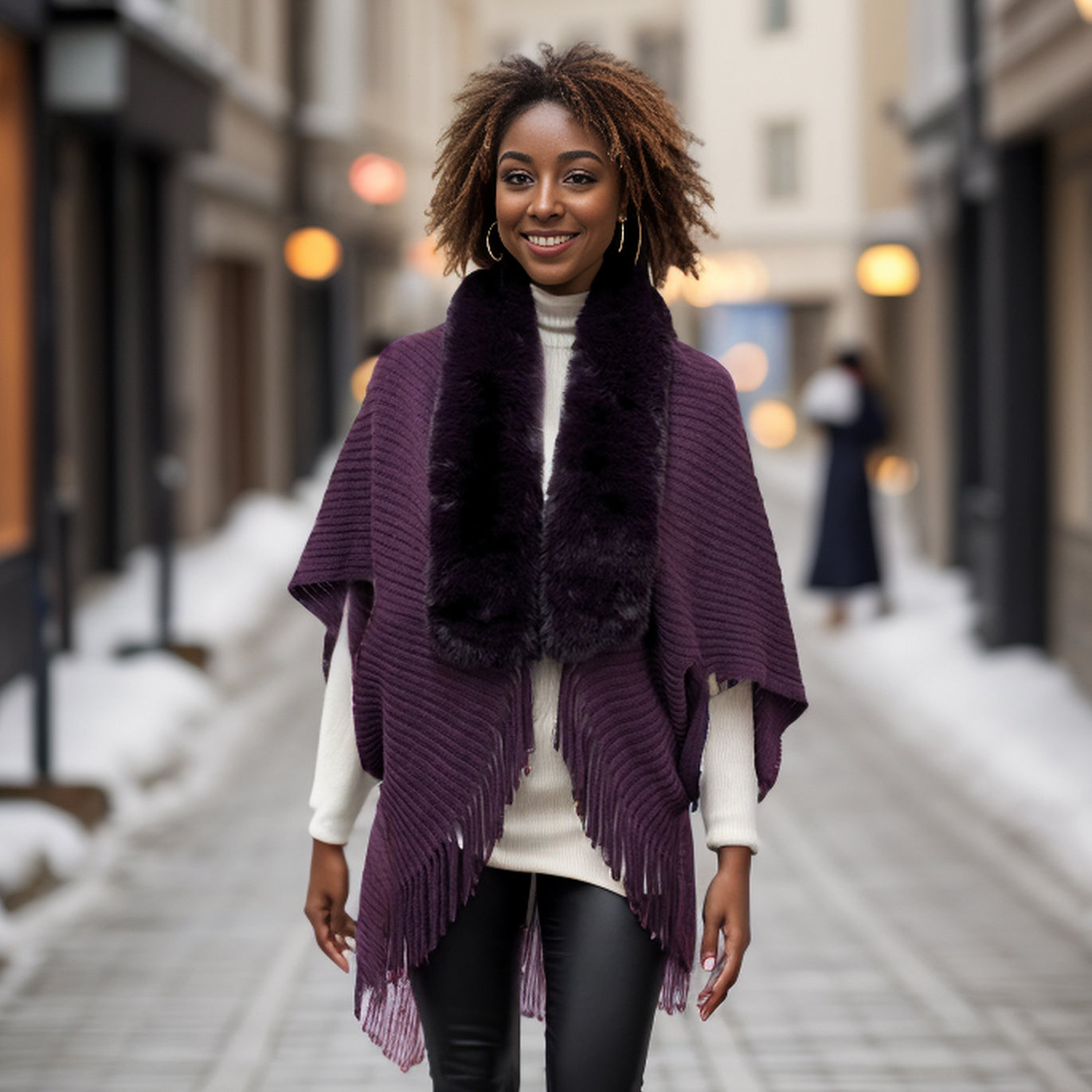 Cozy Knitted Shrug with Faux Fur Collar - Deep Purple Winter Wrap for Women | Perfect for Holiday Parties, Office Wear & Casual Outings
