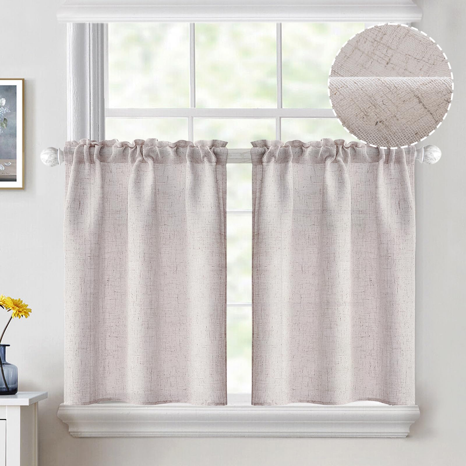 MIULEE Semi-Sheer White Short Linen Cafe Curtains - 30 Inch Length, Farmhouse Style, Light Filtering, Rod Pocket - Perfect for Kitchen Window Over Sink, Bathroom, Basement - Set of 2 Panels (26x30 Inches) - Ideal for Privacy, Natural Light & Farmhouse Decor