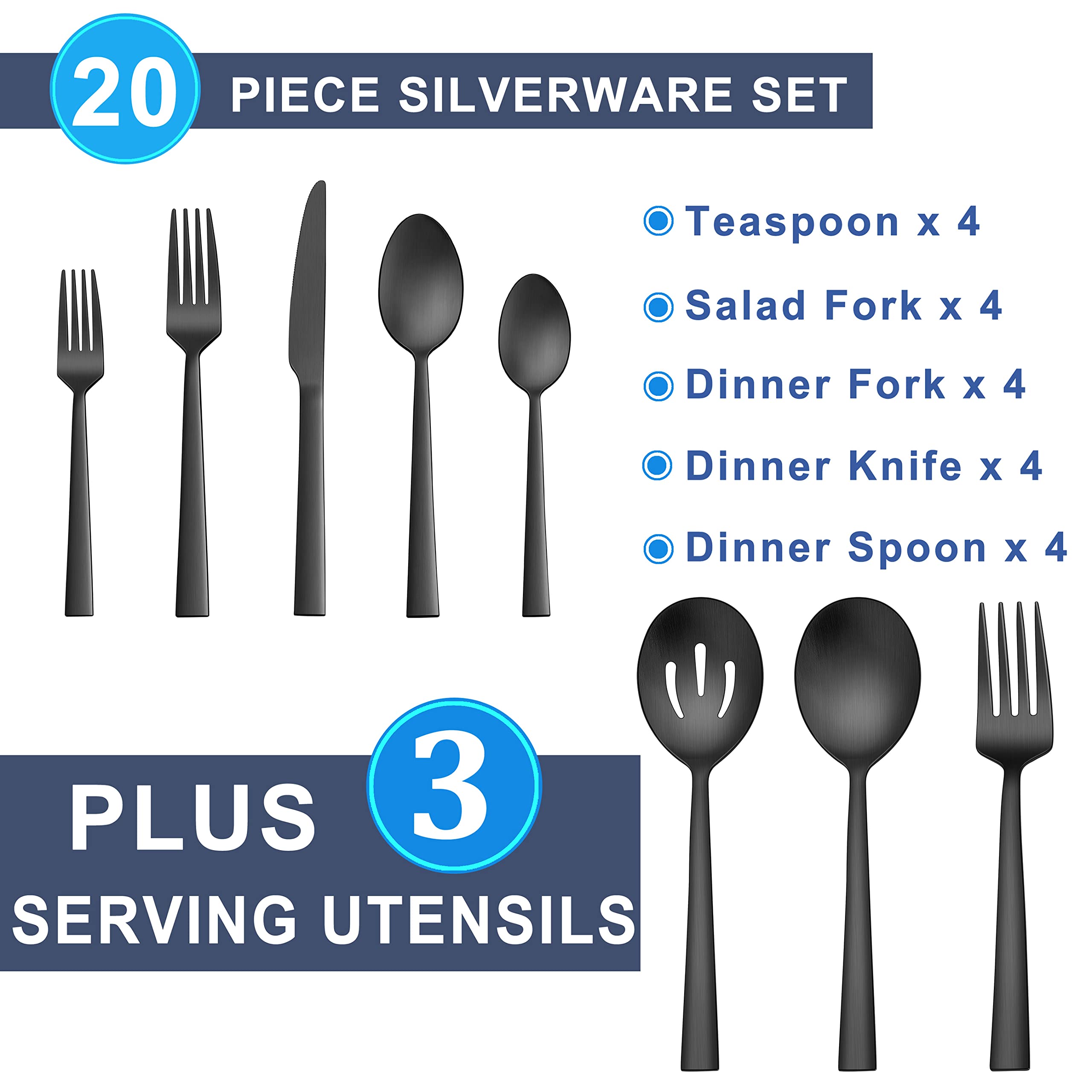 Herogo 23-Piece Matte Black Silverware Set - Stainless Steel Square Flatware with Serving Utensils, Modern Cutlery Set for Catering, Banquet & Home Dining - Dishwasher Safe Satin Finish - Perfect for Restaurants, Weddings & Everyday Use