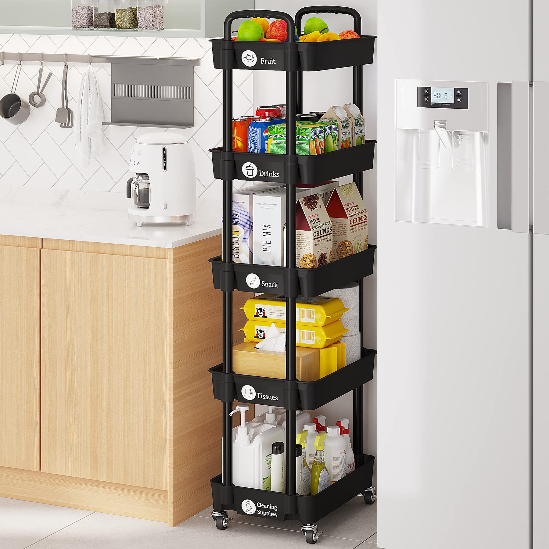 Laiensia 3-Tier Rolling Storage Cart with Lockable Wheels - Multifunctional Mobile Organizer for Kitchen, Bathroom, Laundry Room - Includes Classified Stickers | Perfect for Home Organization, Small Space Storage & Closet Organization
