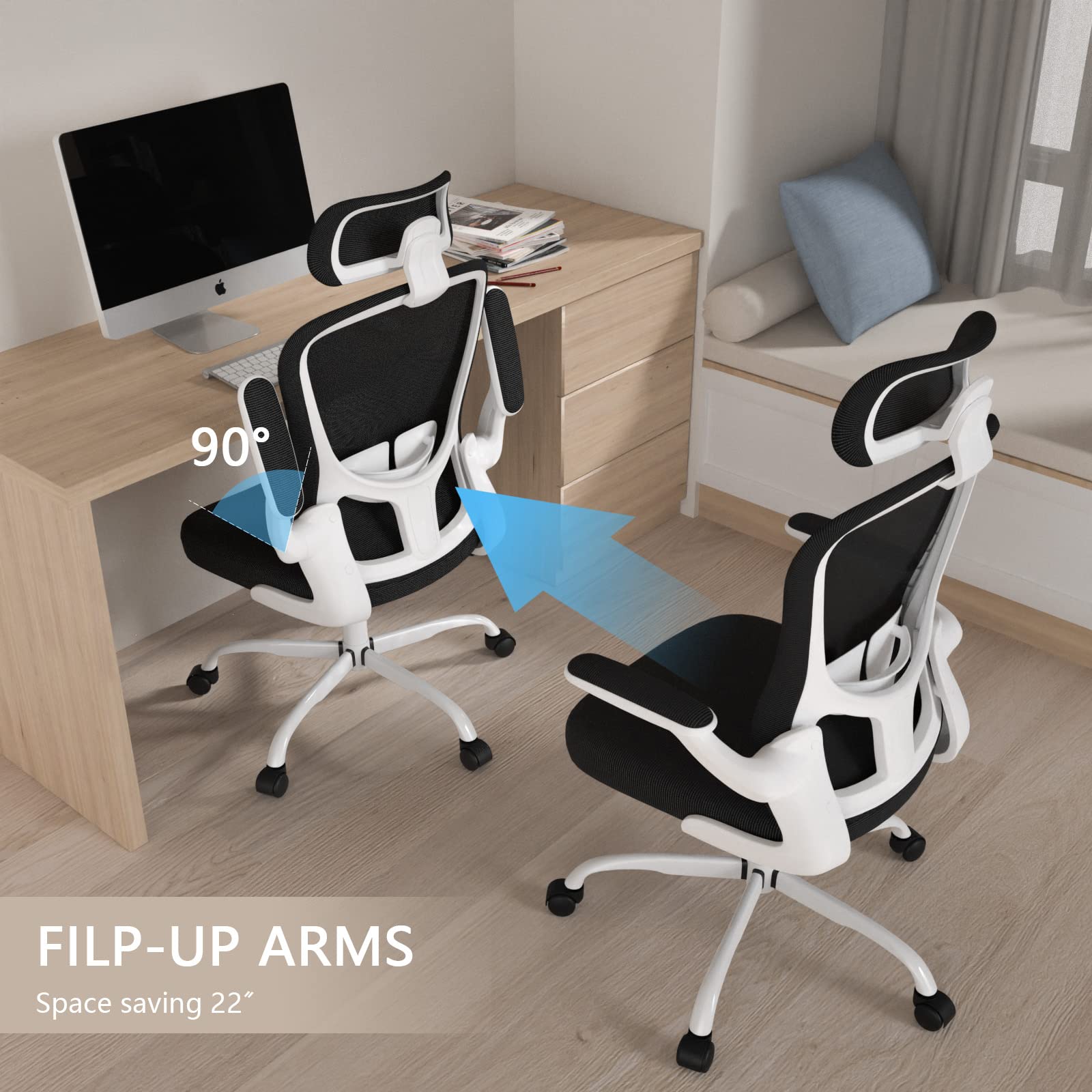 Ergonomic High Back Office Chair with Adjustable Lumbar Support & Headrest - Breathable Mesh Task Chair, Swivel Executive Desk Chair with Flip-Up Armrests - Perfect for Home Office, Gaming & Workspaces