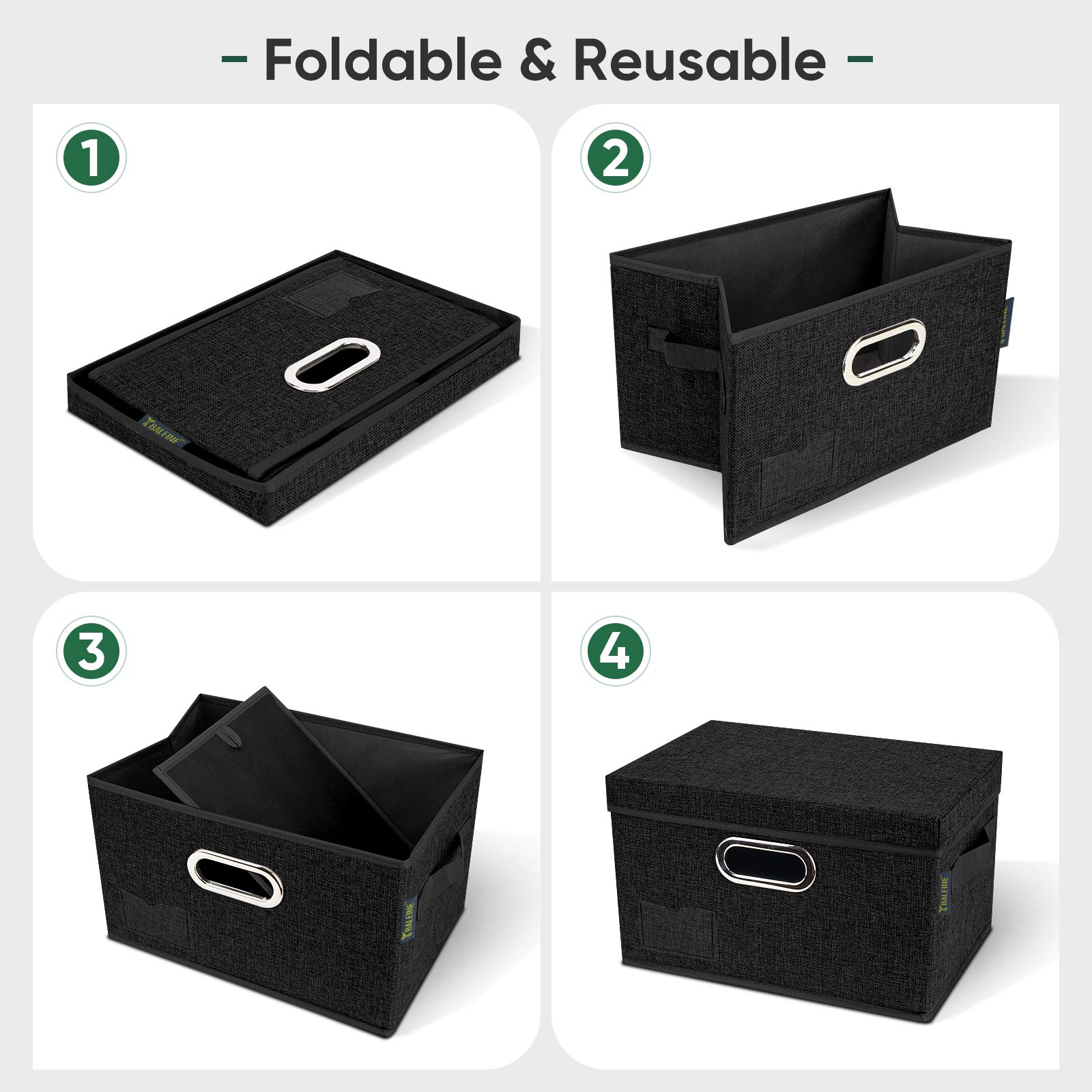 BALEINE Foldable Fabric Storage Bins with Lids - 5 Pack Medium Black Collapsible Closet Organizers for Bedroom, Office & Home Organization - Perfect for Clothes, Toys, Blankets & Seasonal Storage