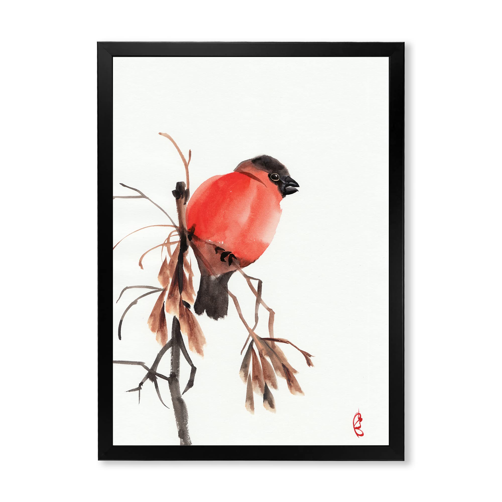 DesignQ Red Bullfinch Bird on Branch Traditional Framed Wall Art - Vintage Home Decor for Living Room, Bedroom & Office
