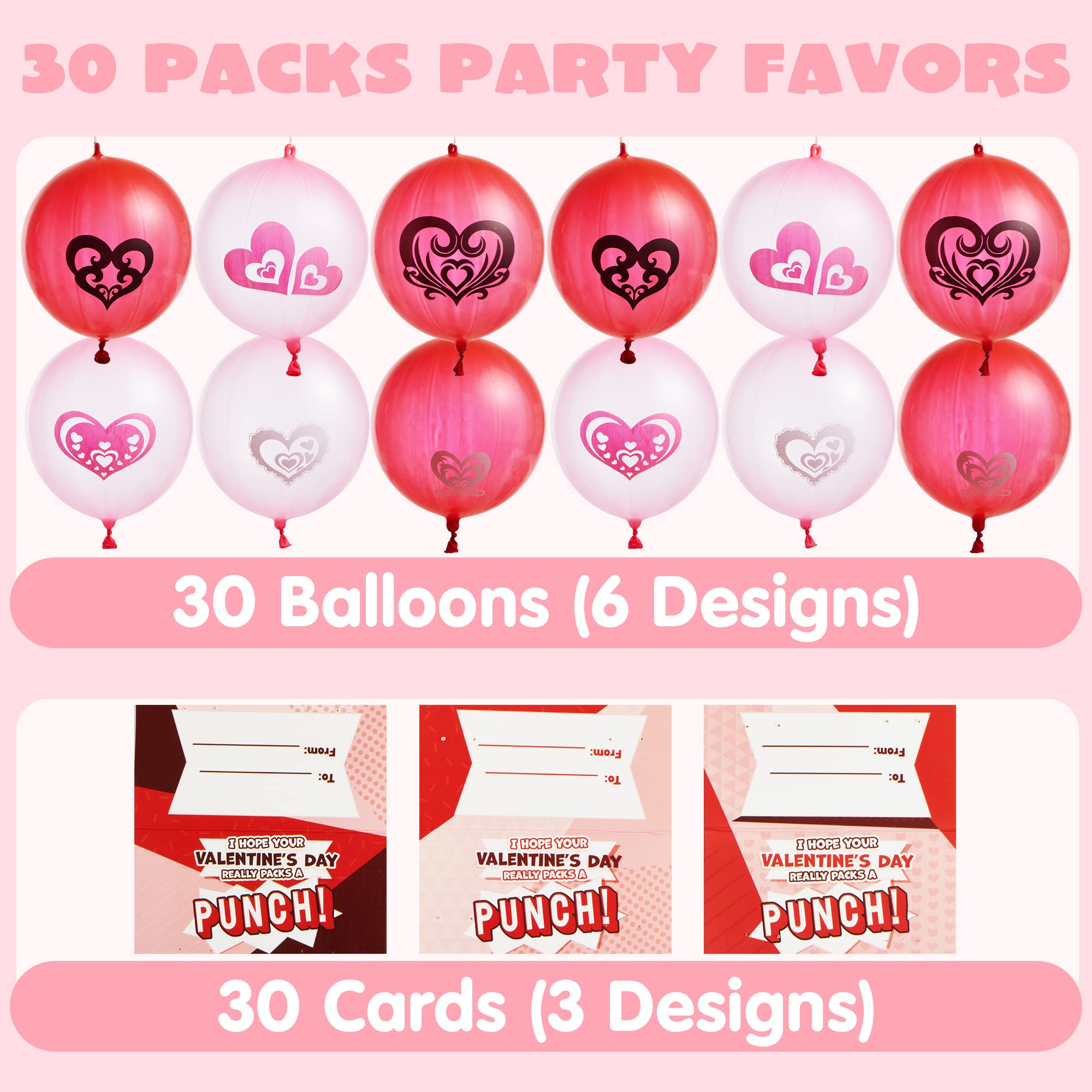30 Valentine's Day Cards with Punch Ball Balloons - Bulk Classroom Exchange Cards for Kids, School Party Favors, Teacher Appreciation Gifts & Valentine's Classroom Activities