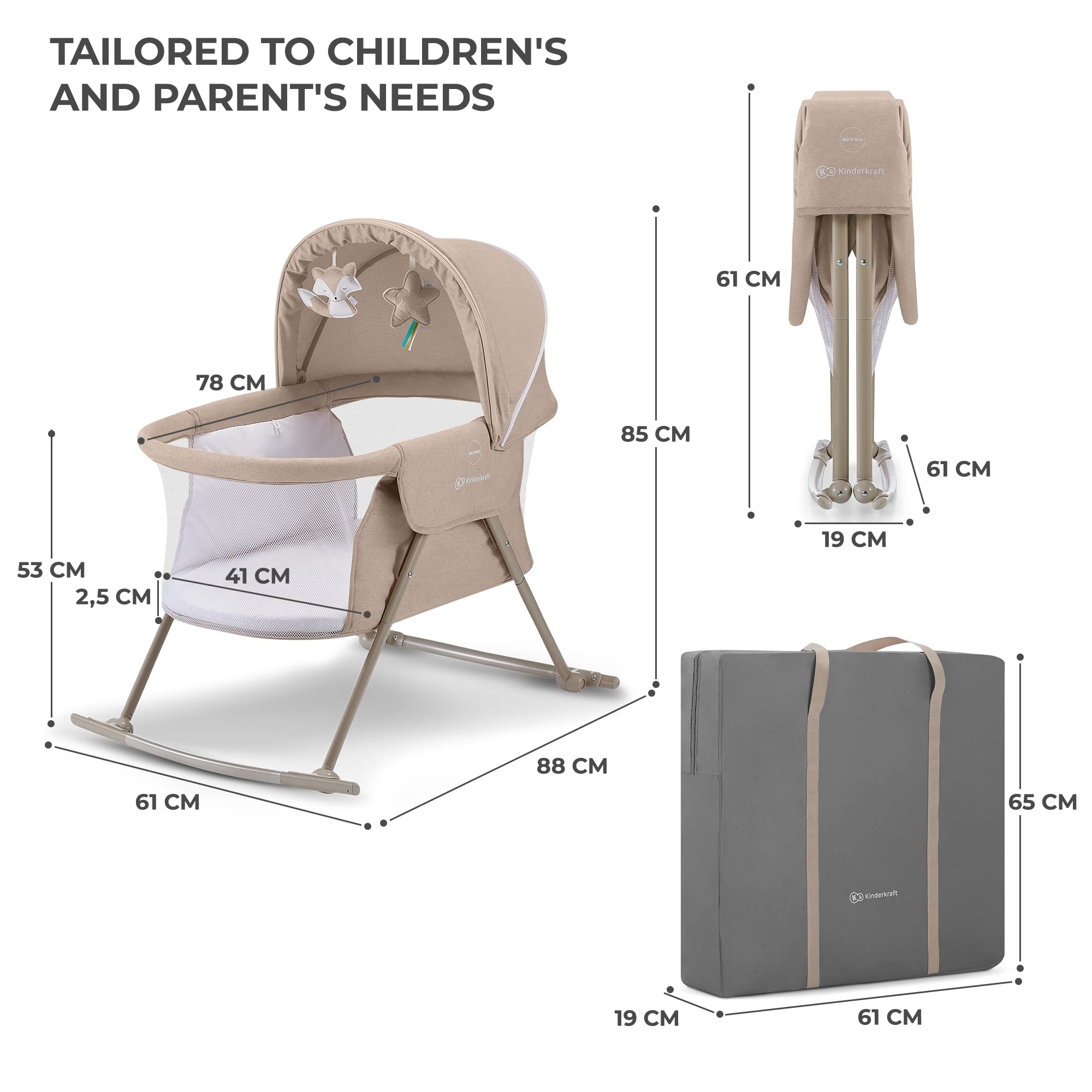 Kinderkraft LOVI Portable Travel Bassinet for Babies - Foldable Baby Bed with Built-in Mosquito Net, Adjustable Hood & Cradle Function - Beige | Perfect for Travel, Camping & Home Use