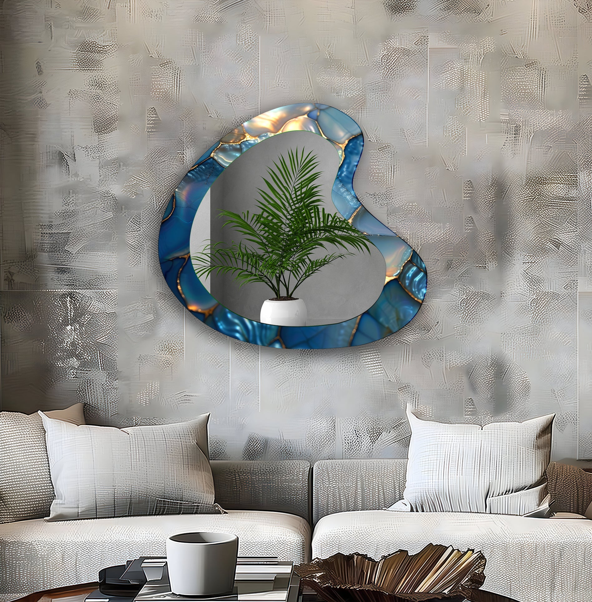 Blue Abstract Irregular Glass Wall Mirror - Modern Decorative Mirror for Living Room, Bedroom & Entryway - Unique Home Decor Accent Piece