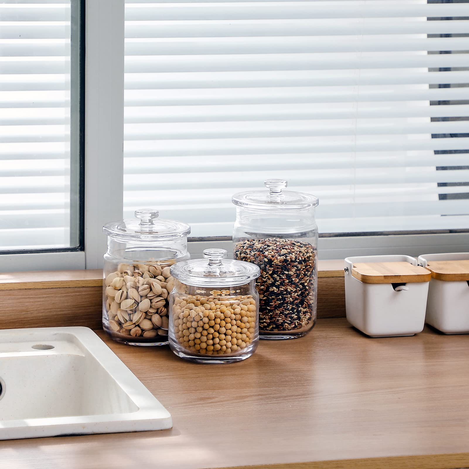 Premium Glass Pantry Storage Containers Set of 3 (23oz, 30oz, 40oz) - Airtight Food Storage Jars with Lids for Kitchen Countertop, Pantry & Laundry Room - Perfect for Candy, Nuts, Spices, Coffee & Dry Goods Organization