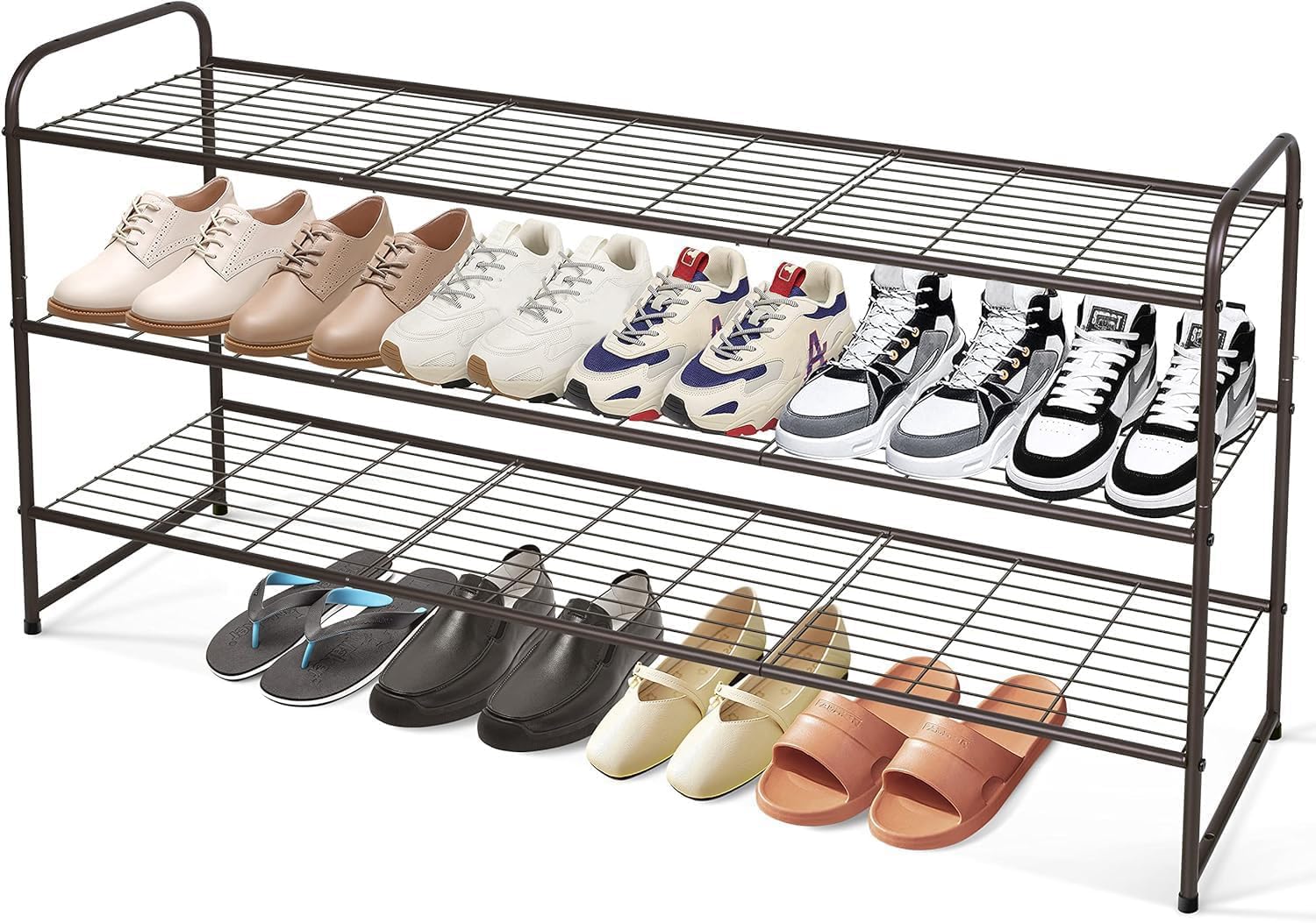 KEETDY 3-Tier Stackable Metal Shoe Rack Organizer - Holds 24 Pairs of Shoes for Closet, Bedroom & Entryway - Bronze Wire Grid Storage Shelf for Men's Sneakers & Women's Boots - Space Saving Shoe Storage Solution for Small Spaces