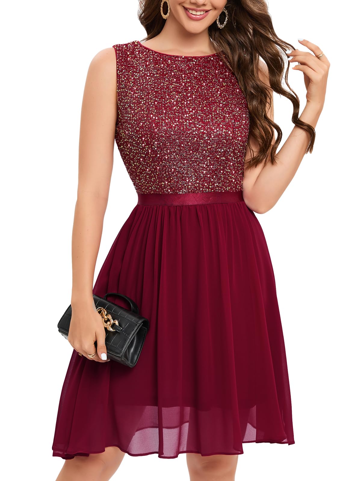**Bbonlinedress Burgundy Sequin Glitter Semi-Formal Dress - Sleeveless Elegant Swing Cocktail Party Dress for Wedding Guest, Prom, Summer Events & Special Occasions**