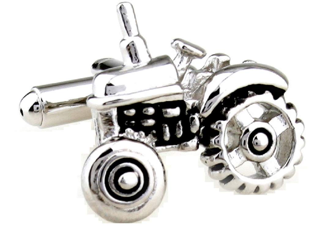 MRCUFF Tractor Pair Cufflinks for Men - Engraved Silver Plated Cuff Links with Gift Box & Polishing Cloth - Perfect for Farmers, Agriculture Enthusiasts & Formal Occasions