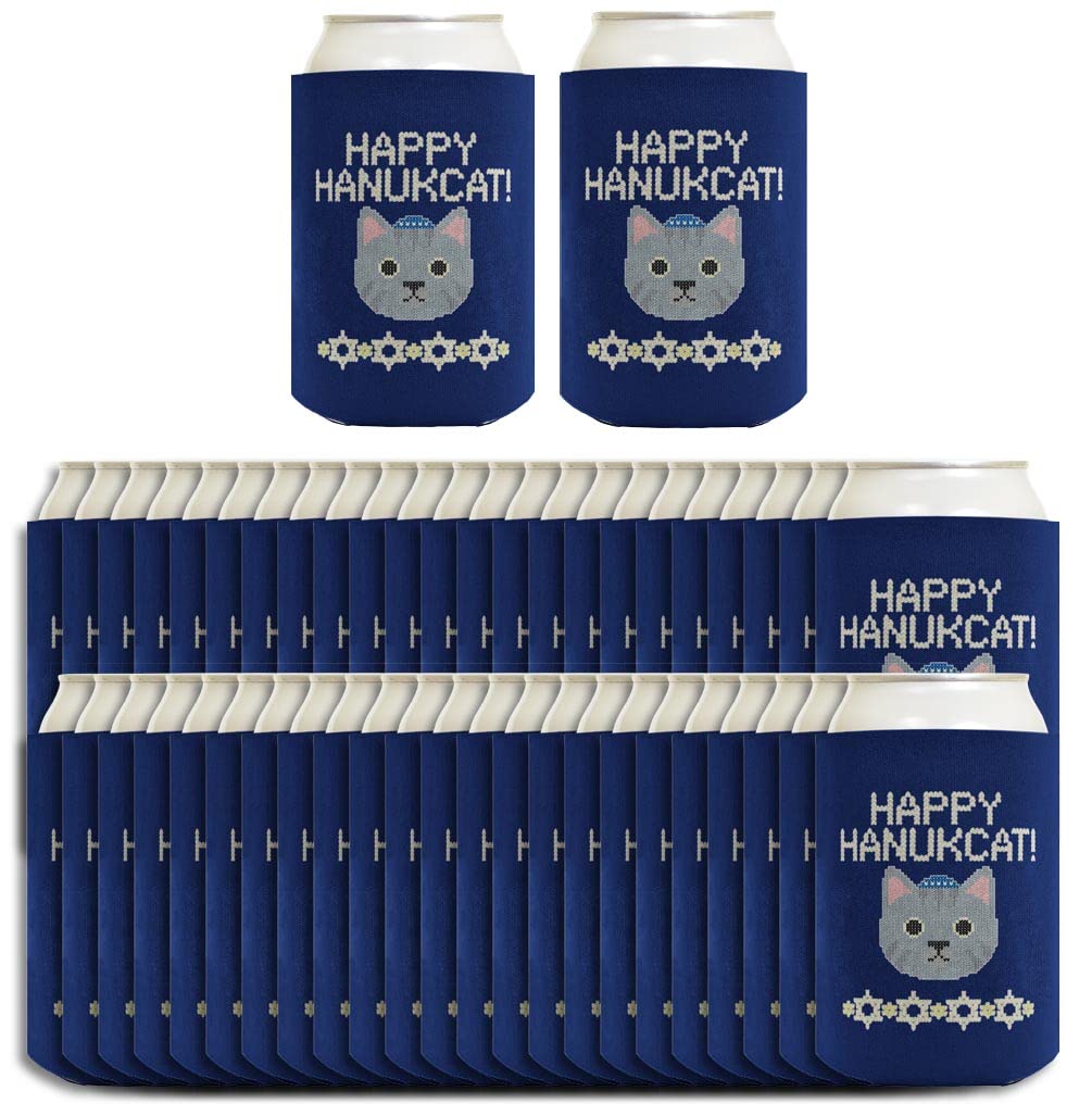Hanukkah Ugly Sweater & Happy Hanukcat 48-Pack Drink Can Coolers - Blue Insulated Beverage Sleeves for Holiday Parties, Office Celebrations & Festive Gatherings