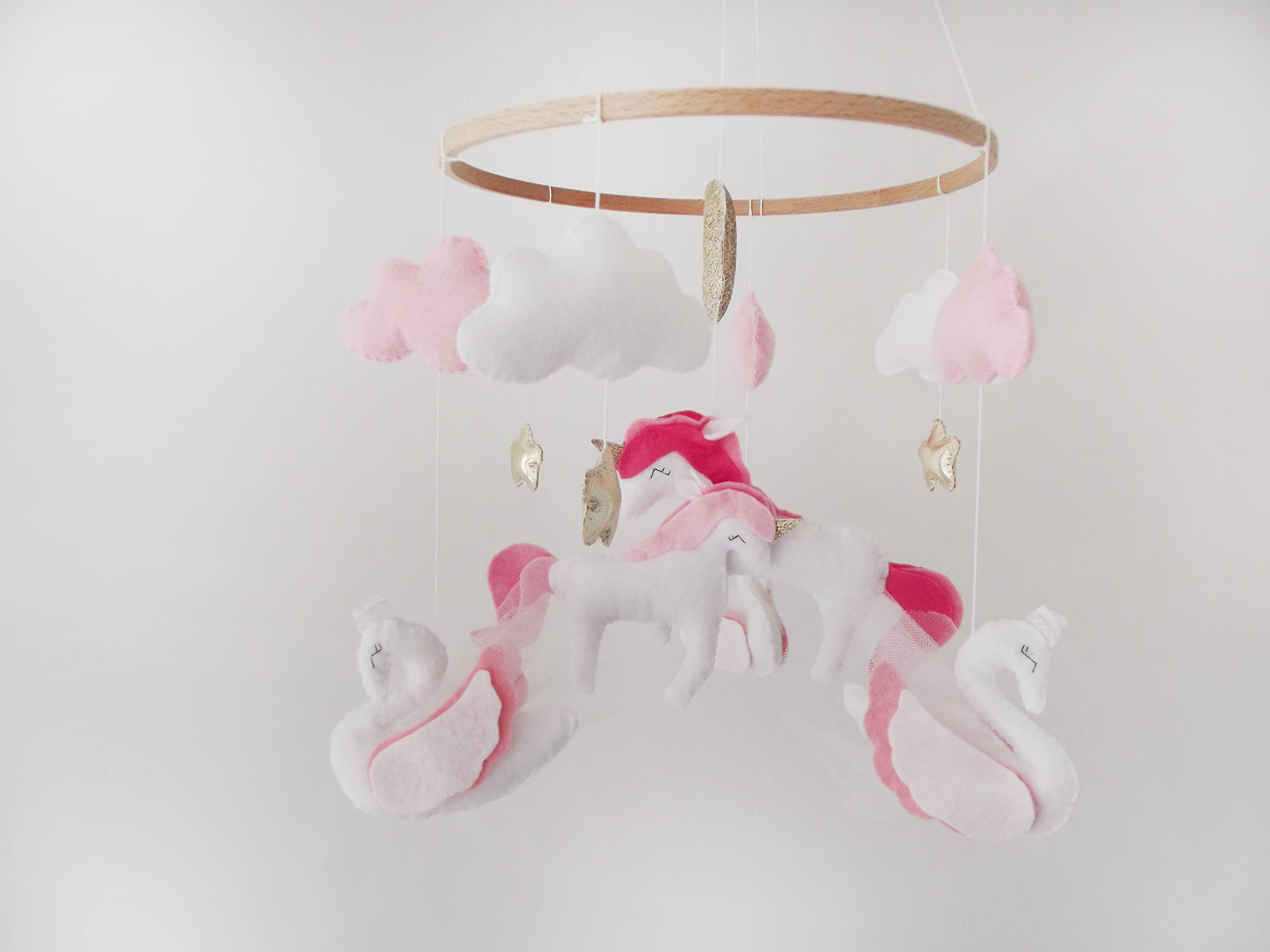 **Pink Swan Unicorn Baby Mobile for Nursery - Crib Mobile with Clouds & Stars - Perfect Baby Shower Gift for Girls, Newborns & Toddlers (Ideal for Bedroom Decor & Soothing Baby to Sleep)**