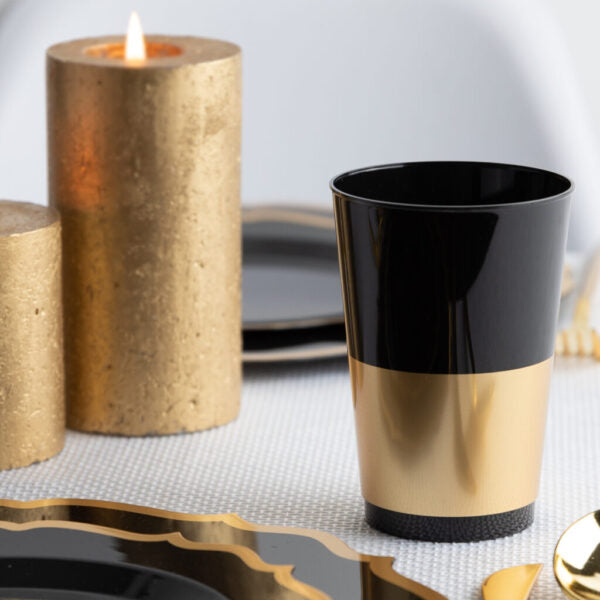 12 Oz Black & Gold Hard Plastic Round Party Cups - 10 Pack | Durable Disposable Cups for Parties, BBQs, and Outdoor Events