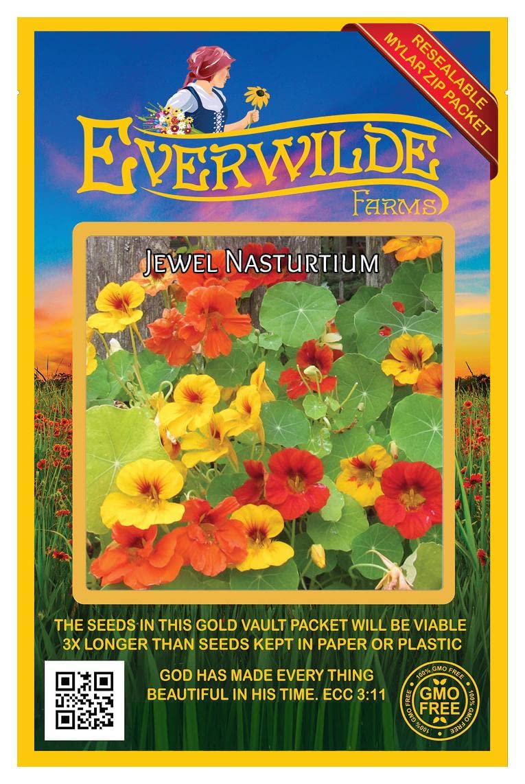 25 Jewel Mix Dwarf Nasturtium Wildflower Seeds - Non-GMO, Heirloom Variety - Perfect for Garden Borders, Containers & Edible Landscaping - Gold Vault Seed Packet by Everwilde Farms