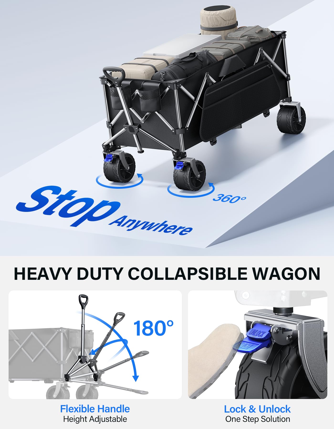 Heavy Duty Collapsible Wagon Cart 440lbs Capacity - Foldable Utility Wagon with Large Wheels for Beach, Garden, Camping, Grocery Shopping - Perfect for Outdoor Adventures, Picnics & Home Use (Black)
