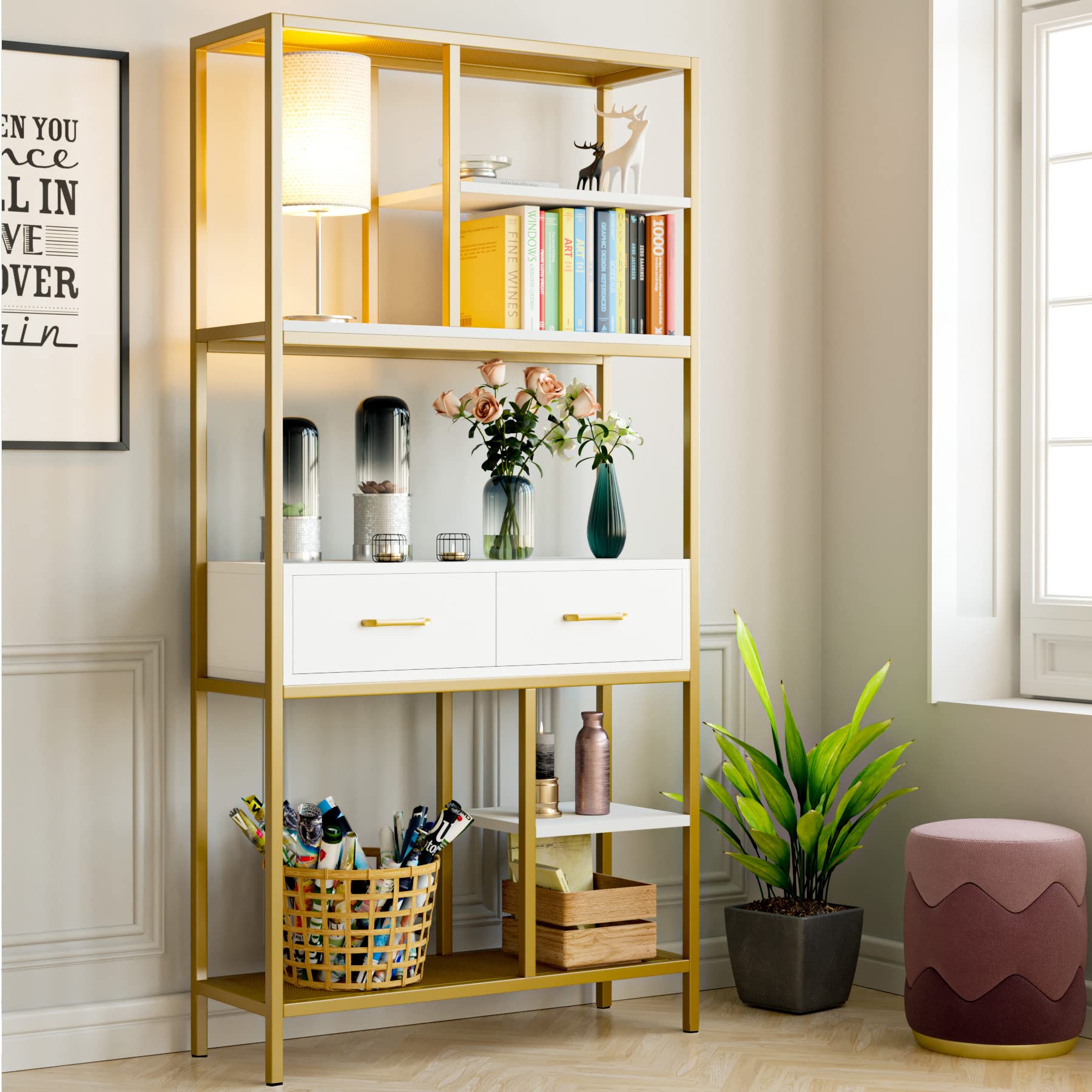 URKNO 6-Tier Tall Bookshelf with Drawers - White/Gold Storage Bookcase for Office, Bedroom & Living Room - Sturdy Book Display Shelf with Metal Frame - Perfect for Home Organization & Decor