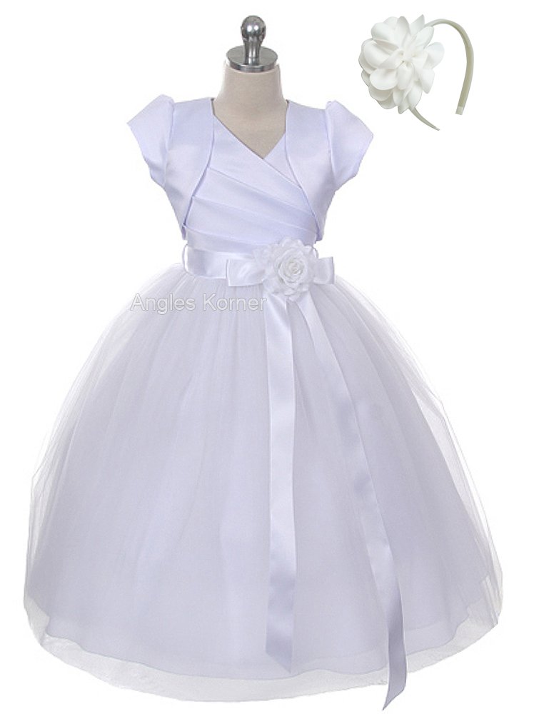 Elegant White Tulle Flower Girl Dress with Bolero Jacket & Headband for Holy Communion - Perfect for Weddings, Baptisms & Special Occasions