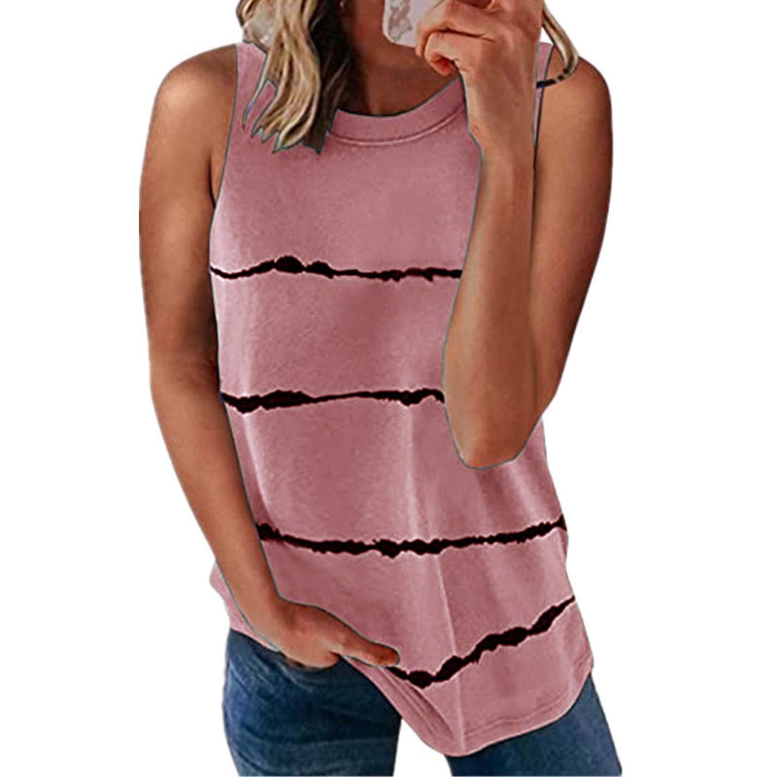Women's Striped Print Tank Tops - Crew Neck Sleeveless Casual Tee Shirts | Loose Fit Summer Tops for Beach, Gym & Everyday Wear