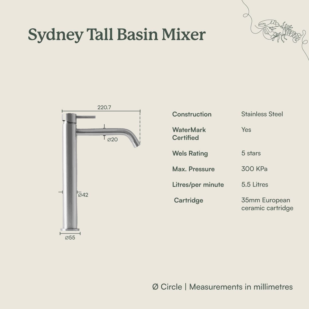 Sydney Tall Basin Mixer in Brushed Brass - Modern Bathroom Faucet for Vanity Sink, Perfect for Home and Hotel Renovations
