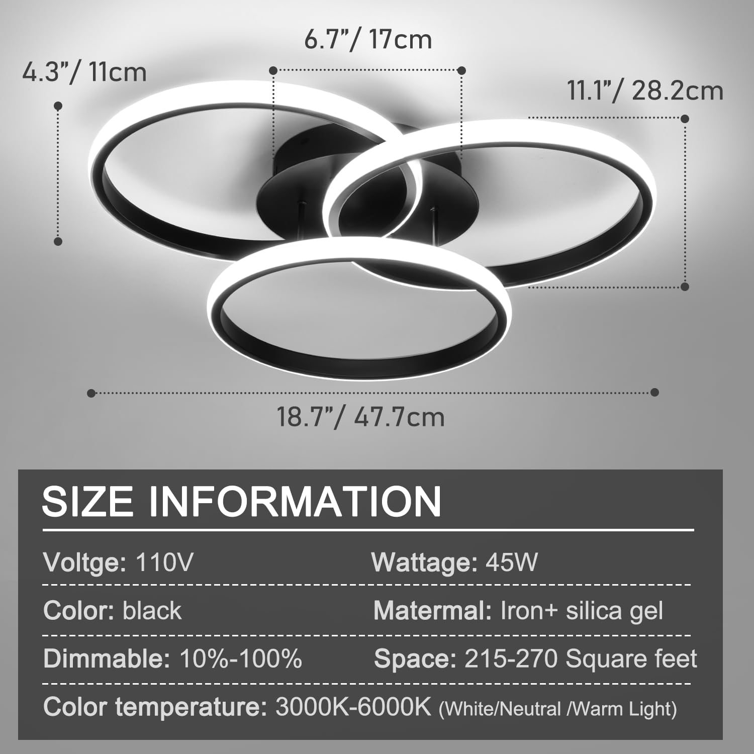 Modern LED Ceiling Light Fixture with Remote Control - Dimmable Flush Mount Lighting for Bedroom, Living Room, Dining Room & Kitchen (Black, 3000K-6500K) - Energy Efficient Home & Office Lighting Solution