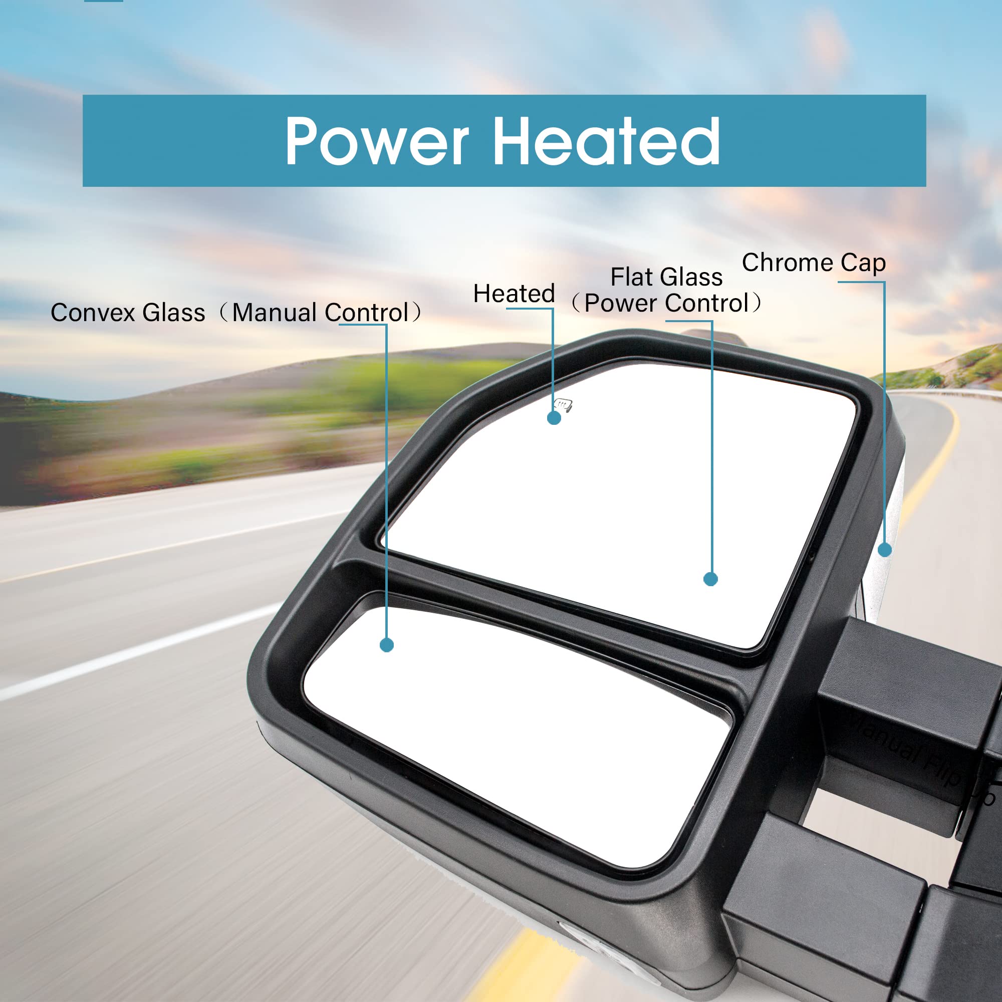 BOOLEE Power Heated Towing Mirrors with Turn Signal & LED Clearance Light - Compatible with Ford F-250 F-350 F-450 F-550 Super Duty 1999-2007 - Chrome Cap Pickup Truck Accessories for Enhanced Visibility & Safety While Towing Trailers or Large Loads