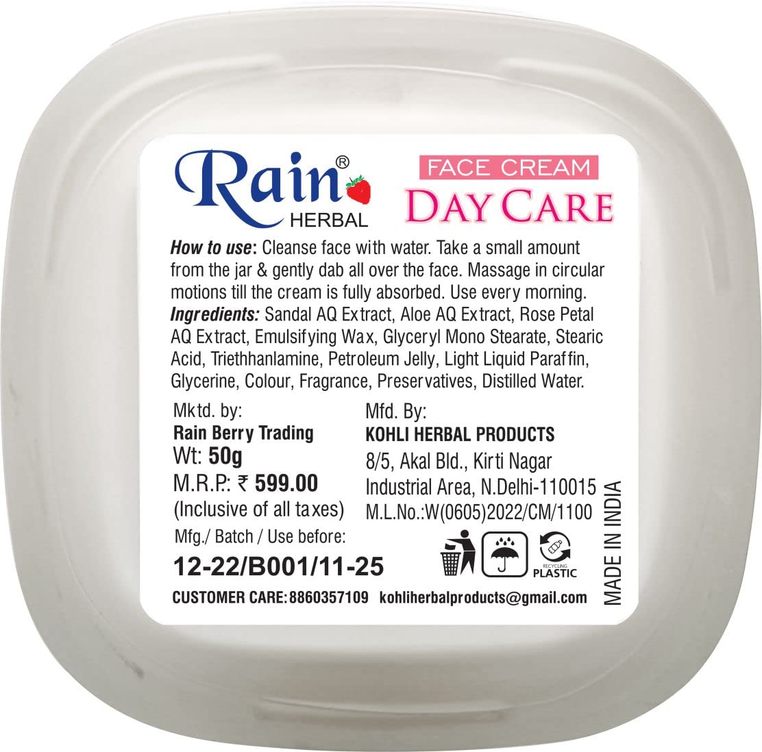 Rain HERBAL All Day Care Cream - Anti Dryness & Age Control Face Moisturizer to Reduce Fine Lines & Wrinkles (50g) | Hydrating Daily Skincare for Women & Men | Perfect for Dry Skin, Mature Skin & Night Routine