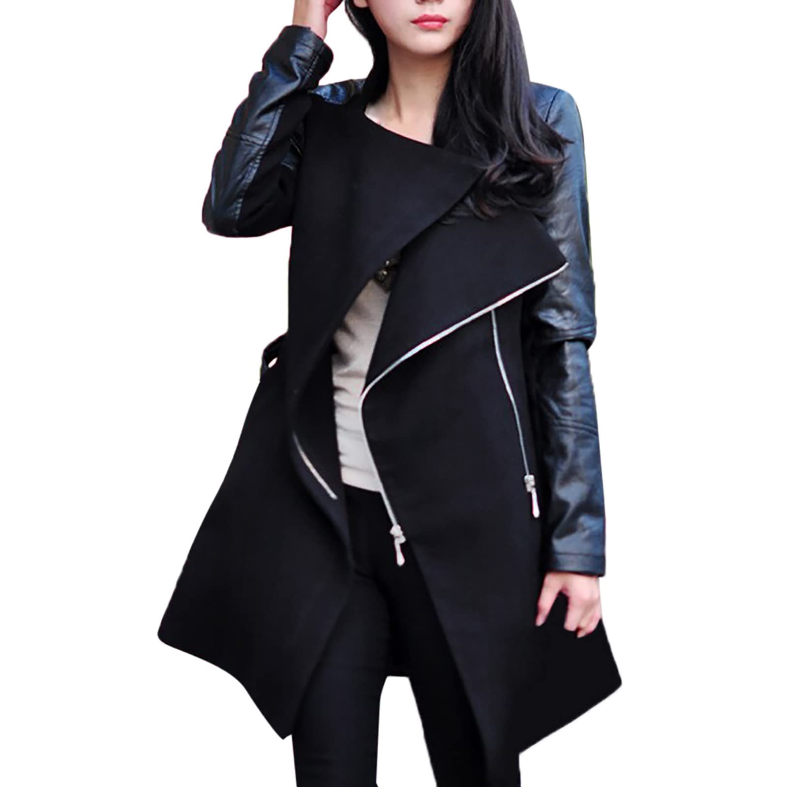 Women's Faux Leather Jacket - Winter & Fall Thermal Patchwork Coat with Zip Up | Stylish Outerwear for Cold Weather | Perfect for Work, Dating & Night Out