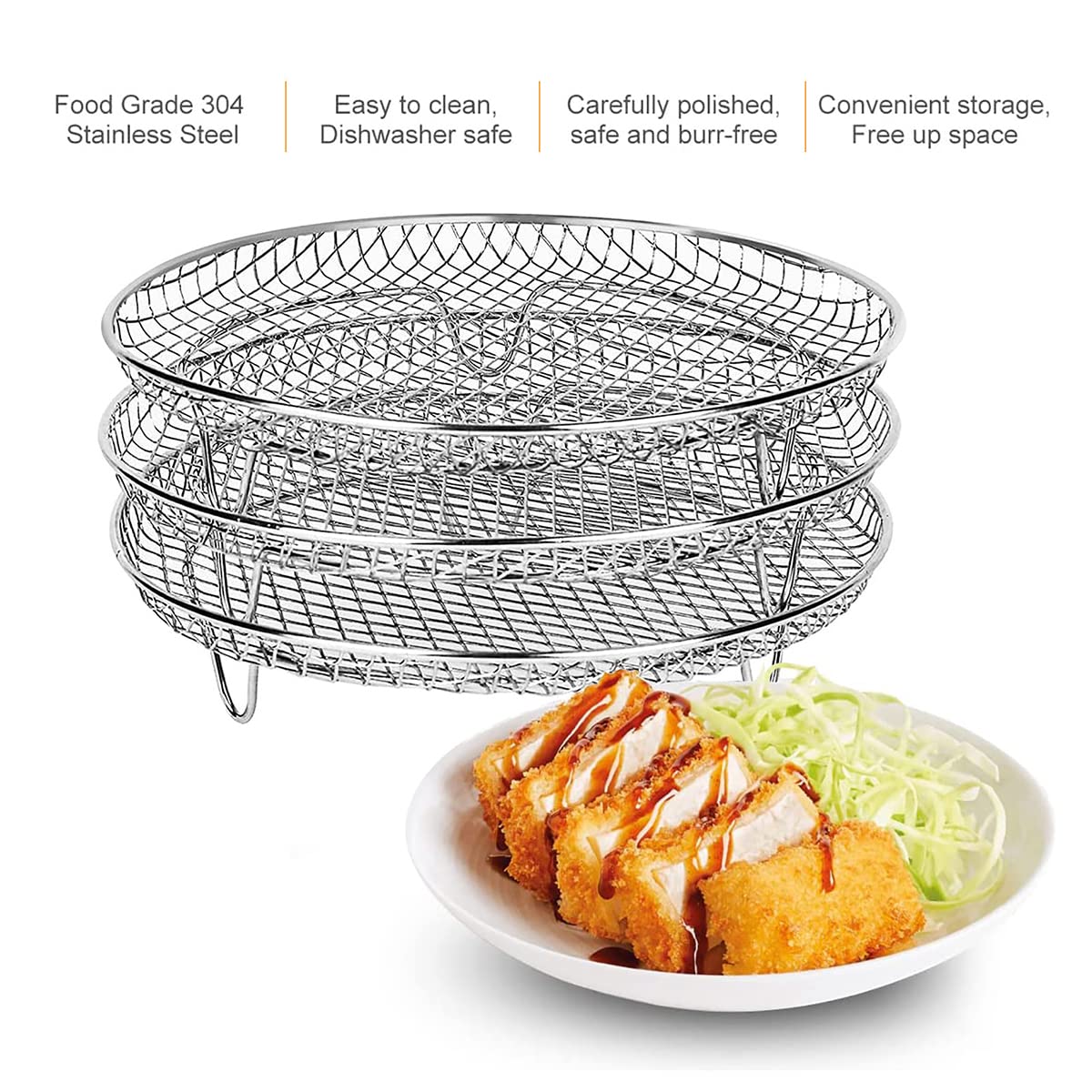 3-Piece Stackable Stainless Steel Air Fryer Rack Set for Ninja - 7.8 Inch Multi-Layer Dehydrator Basket Tray for Baking, Roasting & Air Frying - Perfect for Chicken Wings, French Fries & Vegetables (Round)