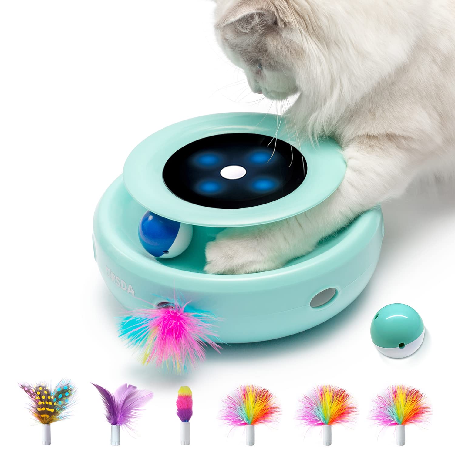 ORSDA 2-in-1 Interactive Cat Toys with 7 Attachments - Automatic Cat Toy Balls & Mice Ambush Feather Toys for Indoor Cats - Dual Power, Adjustable Speed, Auto On/Off - Perfect for Playtime & Exercise