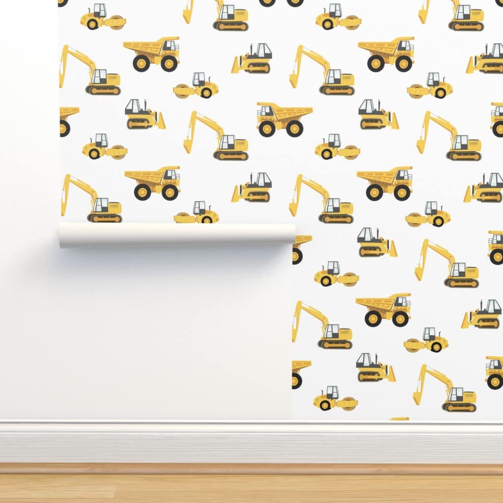 Removable Wallpaper 12ft x 2ft - Construction Trucks Yellow White Crane Design for Baby Boy's Room | Pre-Pasted Peel & Stick Wallpaper by Spoonflower | Perfect for Nursery, Kids Bedroom & Playroom Decor
