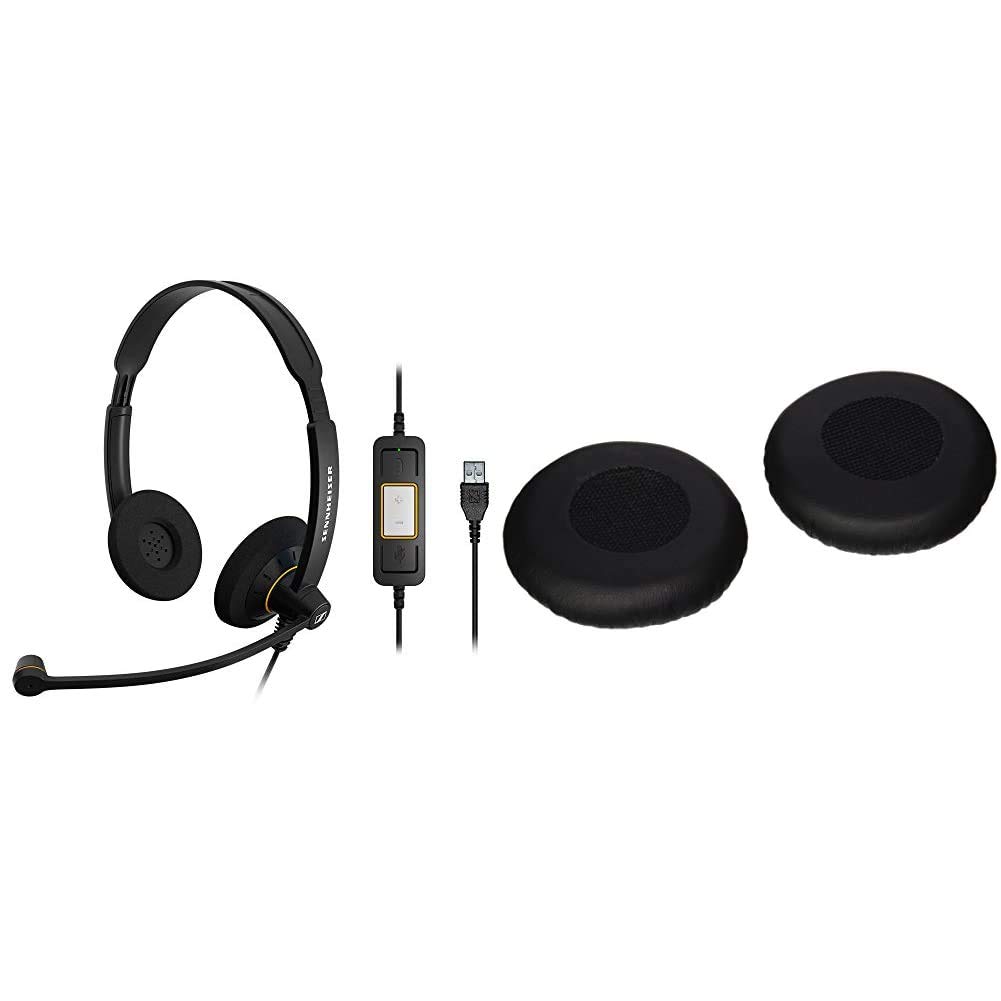 Sennheiser SC 60 USB ML Dual-Sided Business Headset with Noise Cancelling Mic & USB Connector (Black) | Includes HZP 31 SC 200 Leatherette Ear Pads for Circle/Culture Series (2-Pack) | Perfect for Call Centers, Remote Work & Online Meetings