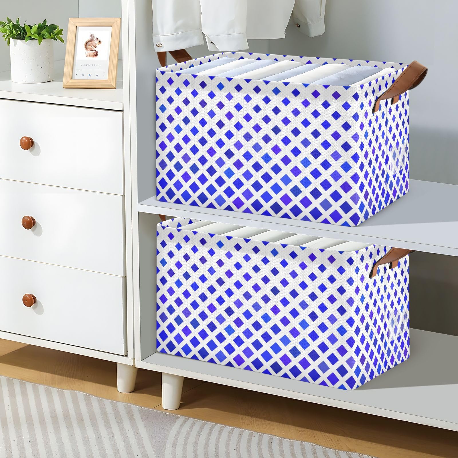 Blue Plaid Storage Baskets with Handles - 2 Pack for Closet, Playroom & Office