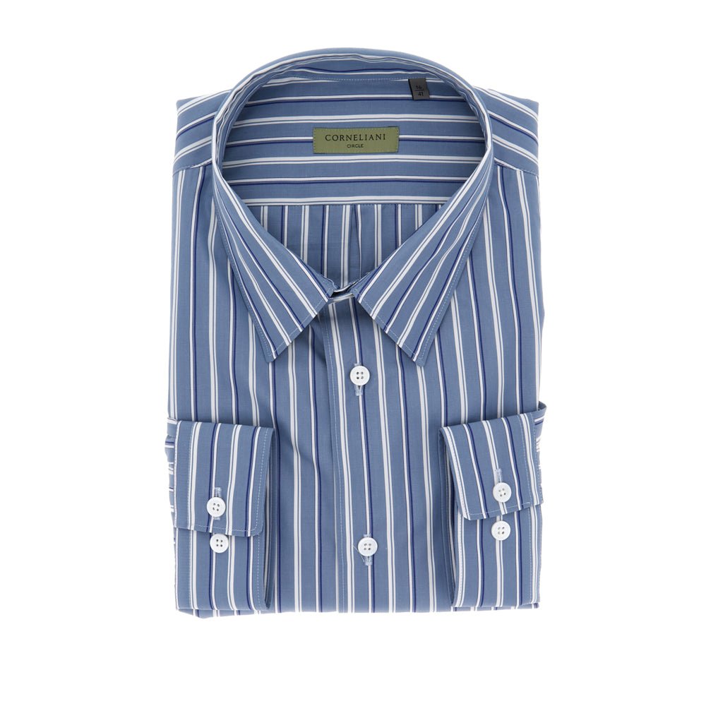 Corneliani Men's Blue Cotton Striped Dress Shirt - Classic Casual Button Down for Office, Business & Smart Casual Outfits