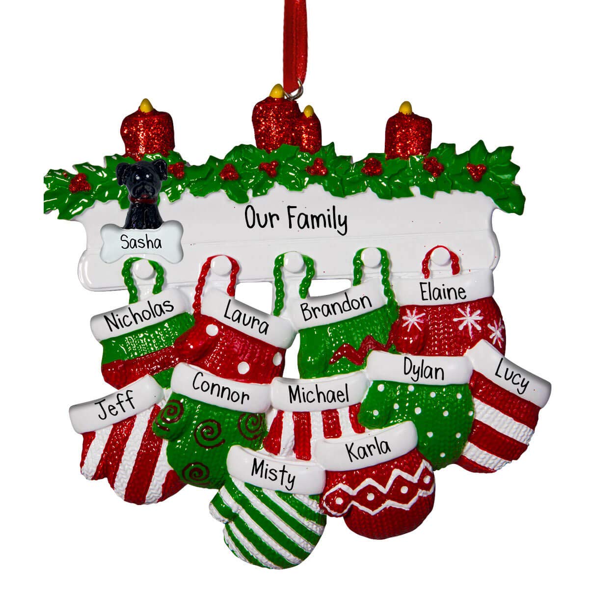 Personalized Christmas Mittens on Hooks - Family of 11 Ornament Set - Fireplace Mantel Decor with Garland & Candles - Perfect for Large Families (Pets Option Available) - Free Customization - Holiday Home Decoration for Mantels, Christmas Trees & Gift Giving