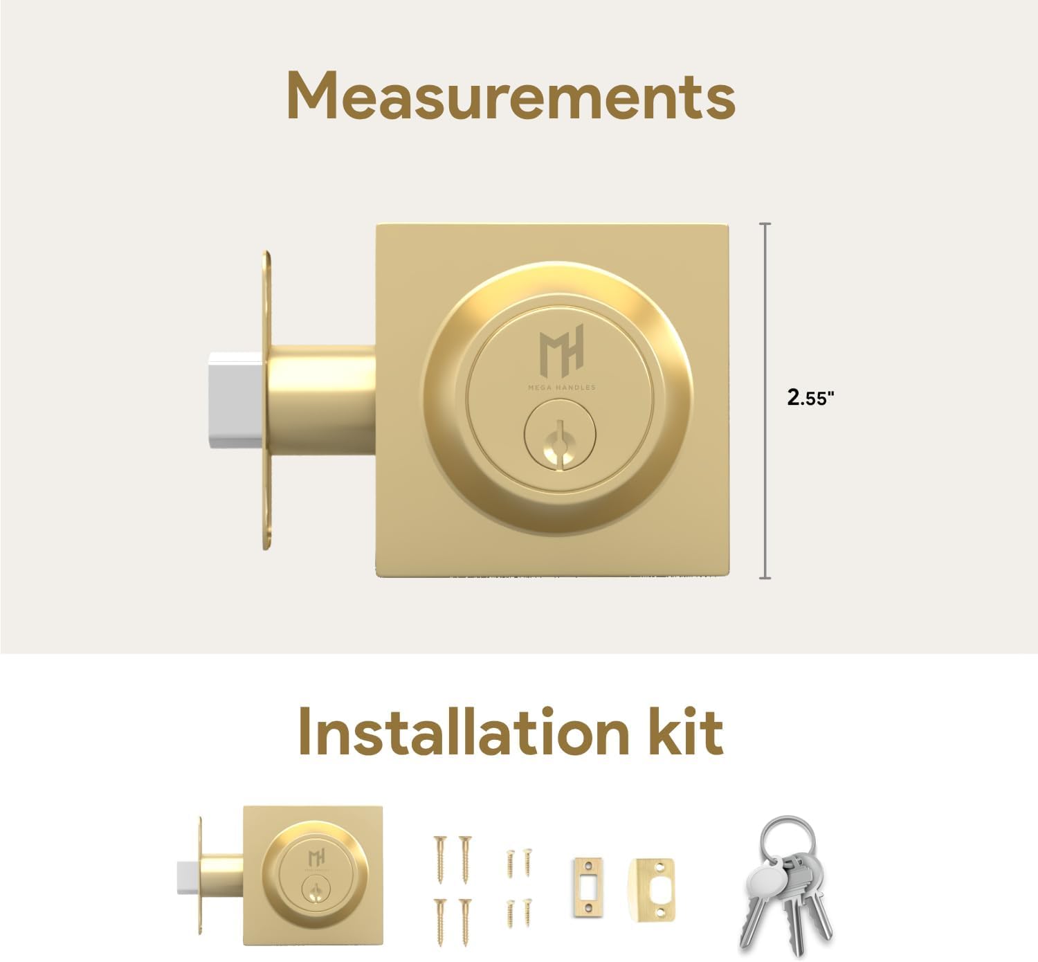 Heavy Duty Square Deadbolt Lock for Left or Right Handed Doors - Interior/Exterior Security - Satin Brass Finish - Ideal for Home, Office & Apartment Entry Doors - Mega Handles Prime Deadbolt I Entry Deadbolt Lock