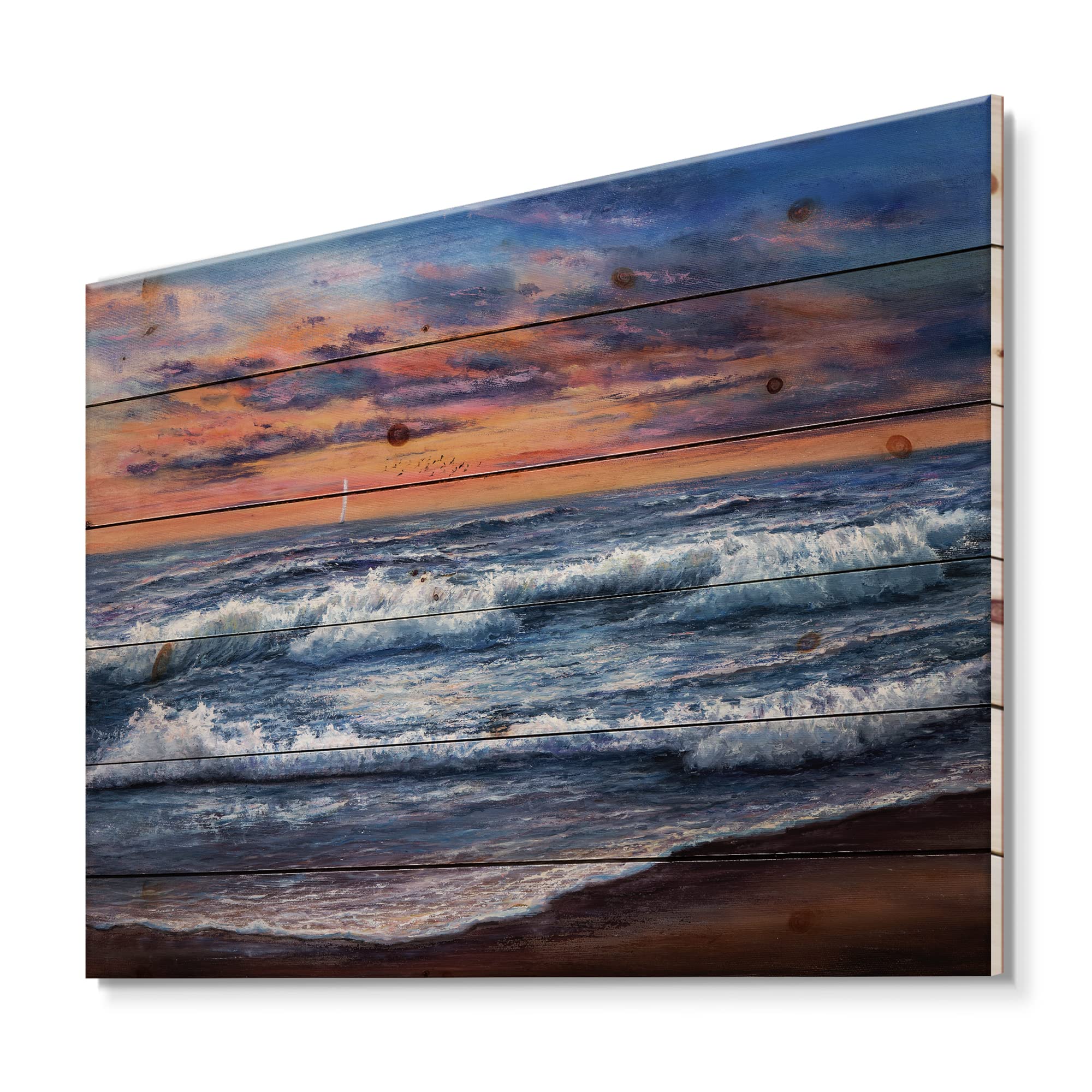 Sunset Over The Blue Ocean II - Coastal Wood Wall Art Decor | Nautical Beach Wood Panels Printed on Natural Pine | Perfect for Living Room, Bedroom & Beach House Decor