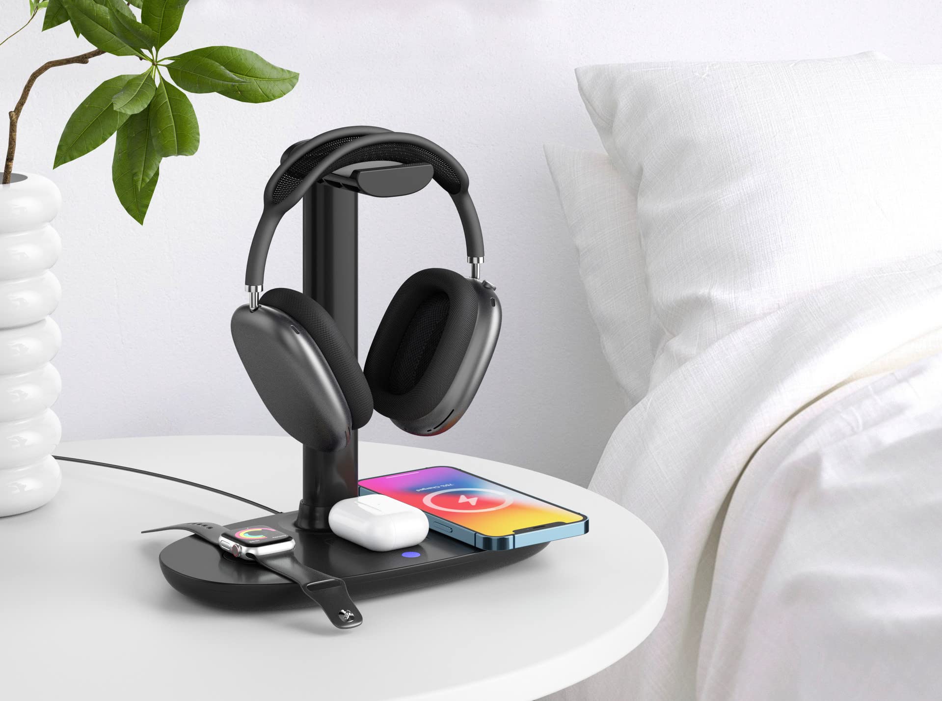 Navor 5W Wireless Charging Dock Station & Headphone Stand - 4-in-1 Charging Hub for iPhone, AirPods, Smartwatch & Gaming Headsets - Premium Aluminum Headphone Holder with Fast Charging - Perfect for Home Office, Gaming Setup & Workspace Organization