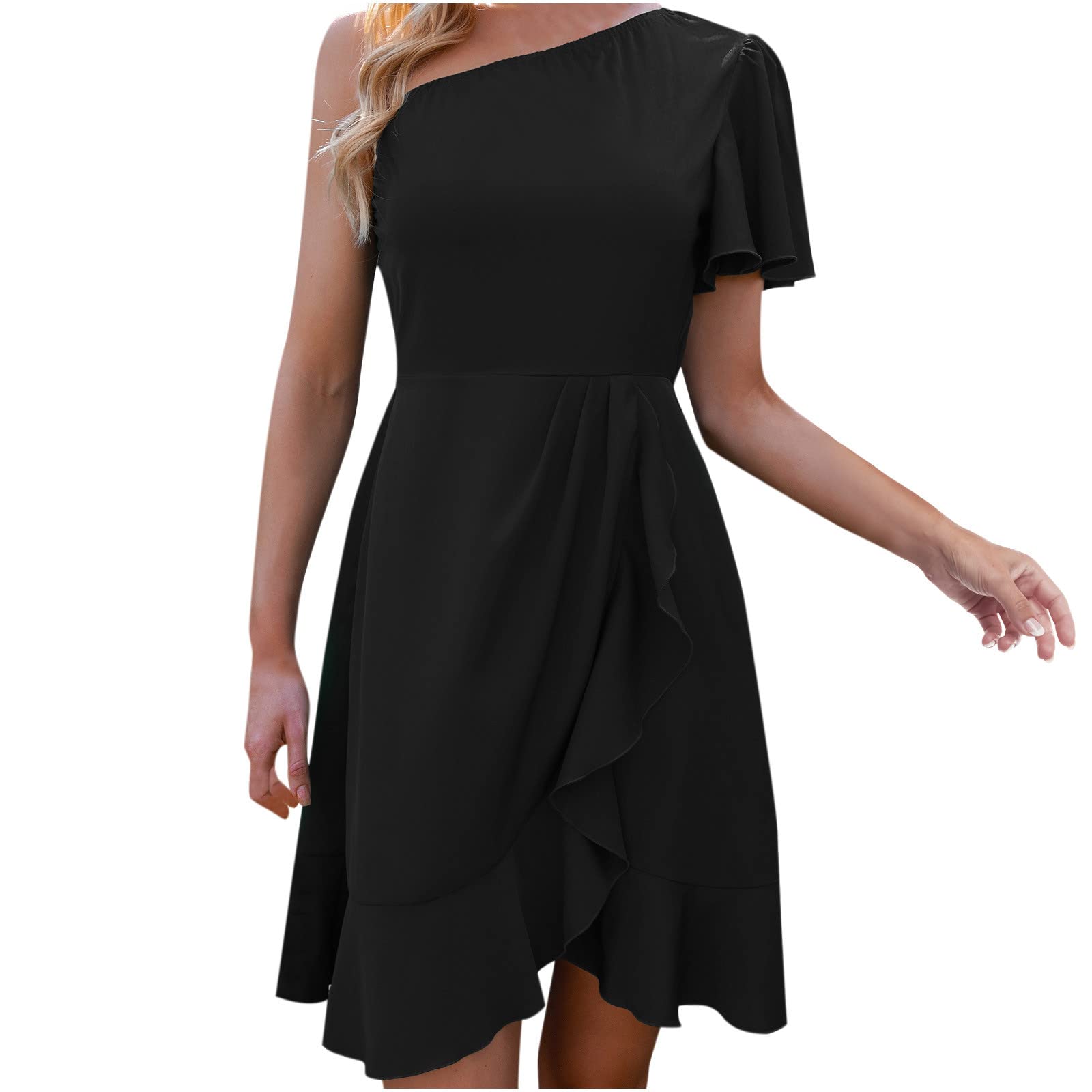 FZYLQY Women's One Shoulder Summer Dress - Wrap Front Ruffle Hem Short Sleeve Belted A-Line Dress for Beach, Party & Vacation | Flirty & Elegant Outfit