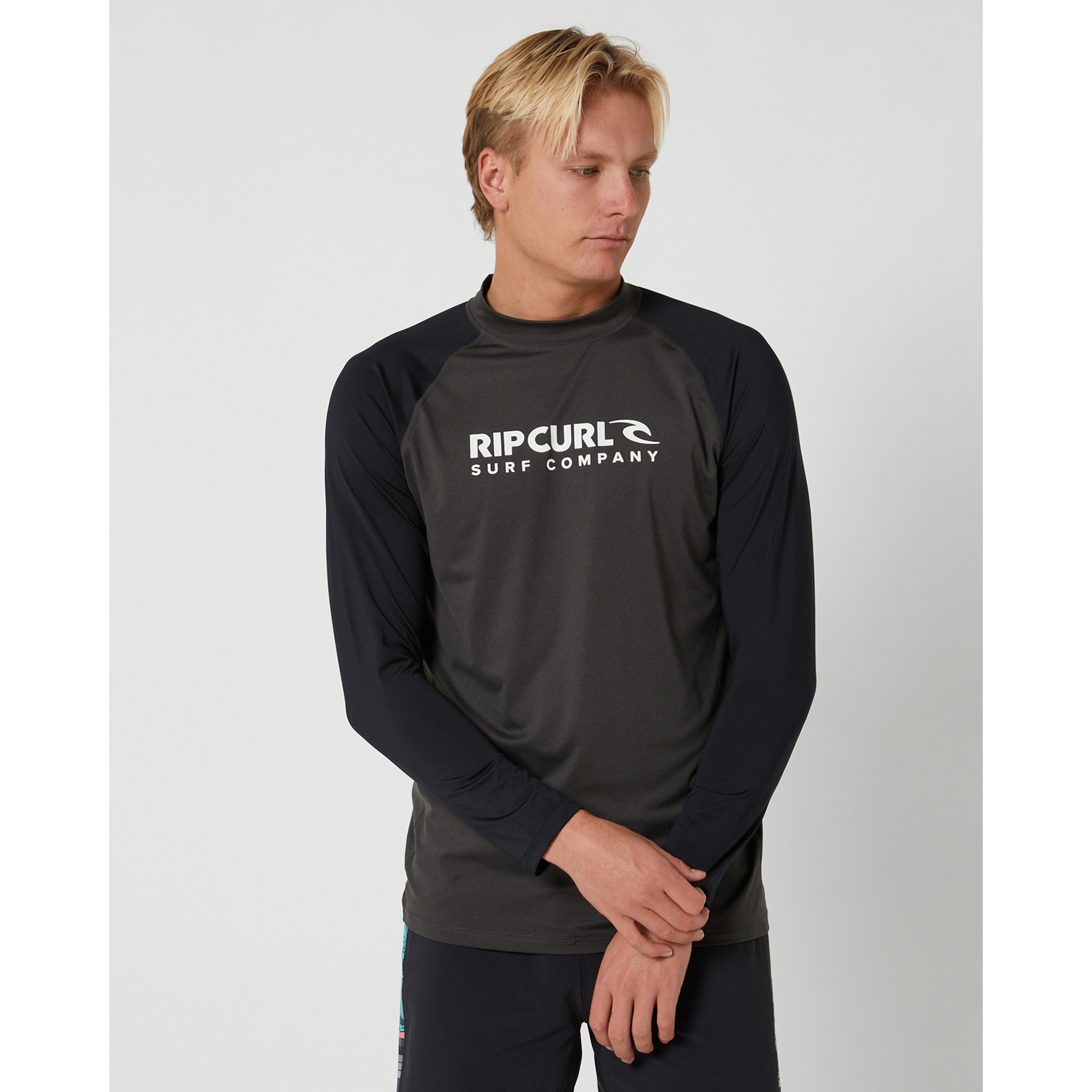 Rip Curl Shock Long Sleeve UPF 50+ Sun Protection Rash Guard Shirt - Black Marle for Surfing, Swimming & Outdoor Activities