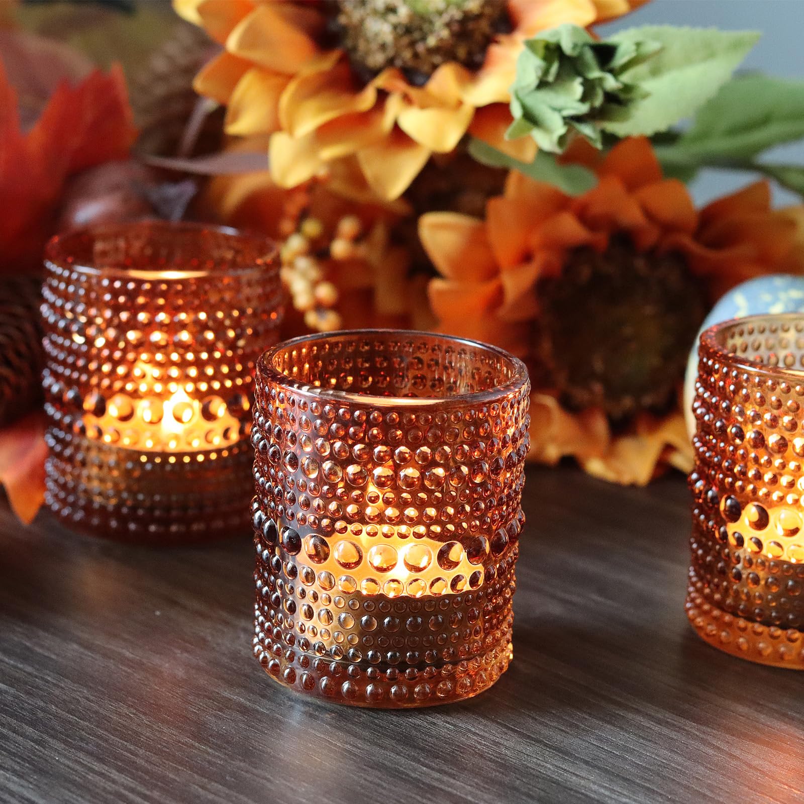 36 PCS Amber Glass Hobnail Votive Candle Holders - Tealight Candle Holders for Fall Decor, Halloween, Weddings, Birthday Table Centerpieces - Perfect for Romantic Dinners, Spa Nights & Holiday Decorations