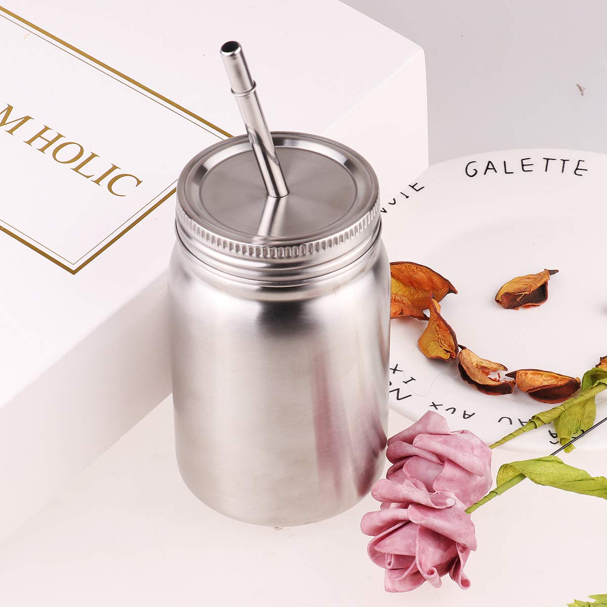 YiZYiF Stainless Steel Mason Jar Cups with Lids & Straws - 700ml Unbreakable Water Tumbler for Kids & Adults - Dishwasher Safe, Single-Wall, Silver - Perfect for Home, Office, School & Outdoor Activities