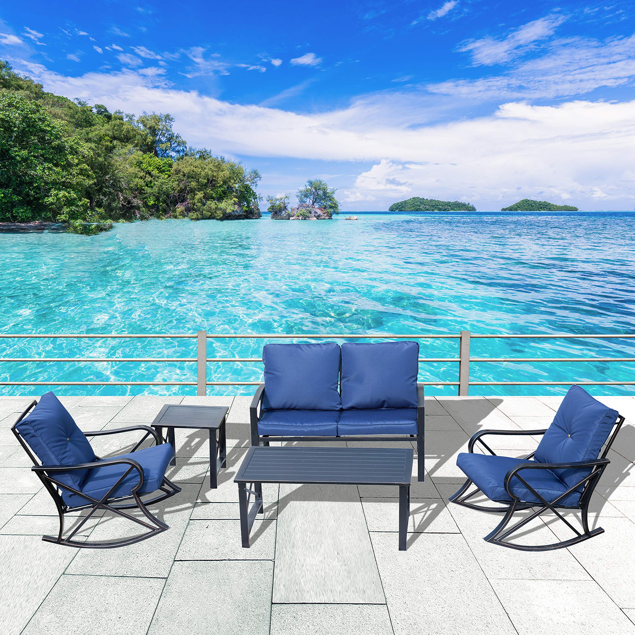 LOKATSE HOME 5-Piece Outdoor Patio Conversation Set - Deep Seating Metal Furniture with Loveseat, 2 Rocking Chairs & Coffee Tables in Blue | Perfect for Backyard, Garden & Poolside Relaxation