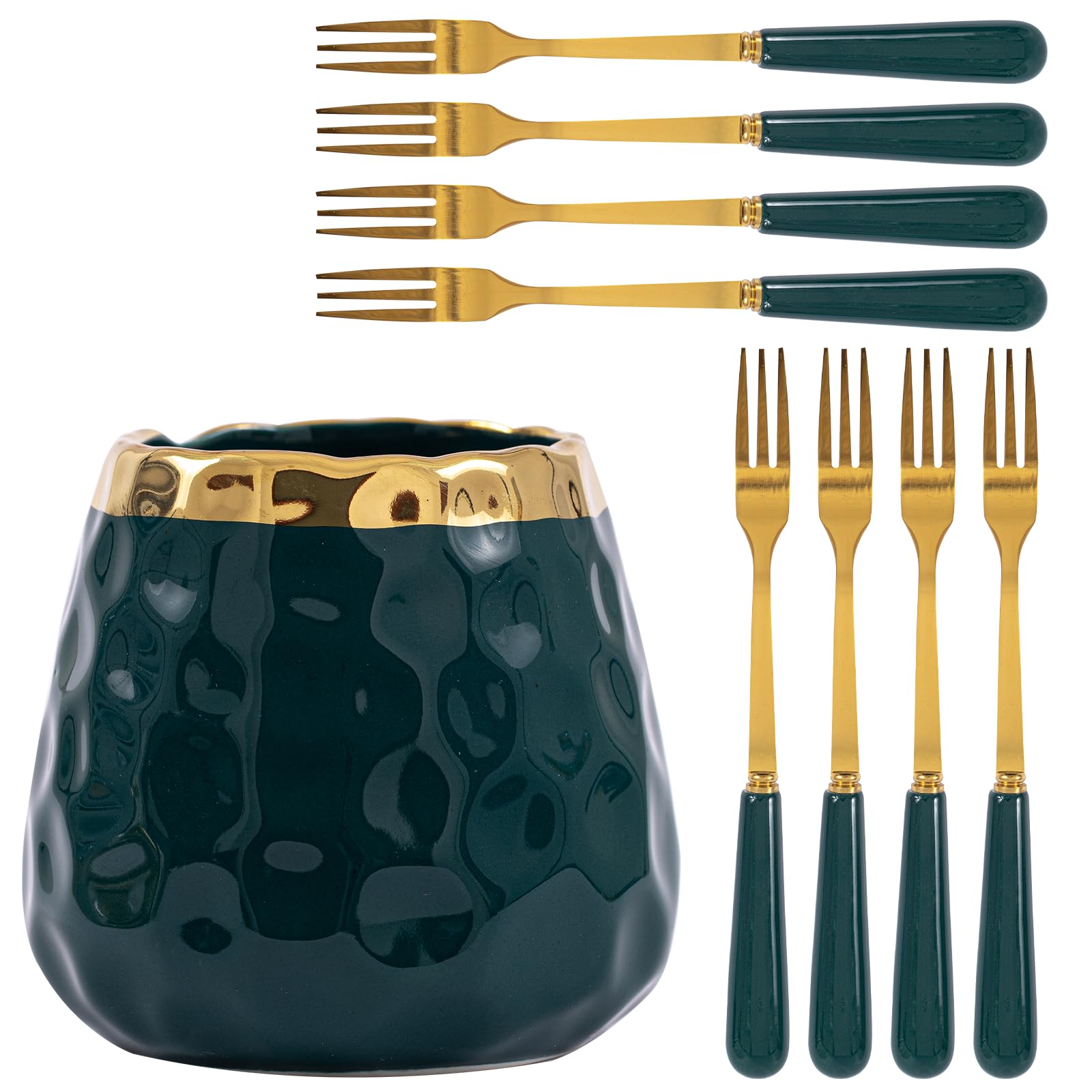 Premium Dessert Fork Set - 8-Piece Small Forks for Fruit, Salad, Appetizer & Cake with Elegant Emerald Green Ceramic Jar | Perfect for Dinner Parties, Tea Time & Special Occasions