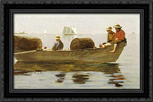 Winslow Homer 'Three Boys in a Dory' 24x16 Black Ornate Framed Canvas Art Print - Coastal Nautical Wall Decor for Living Room, Bedroom & Office