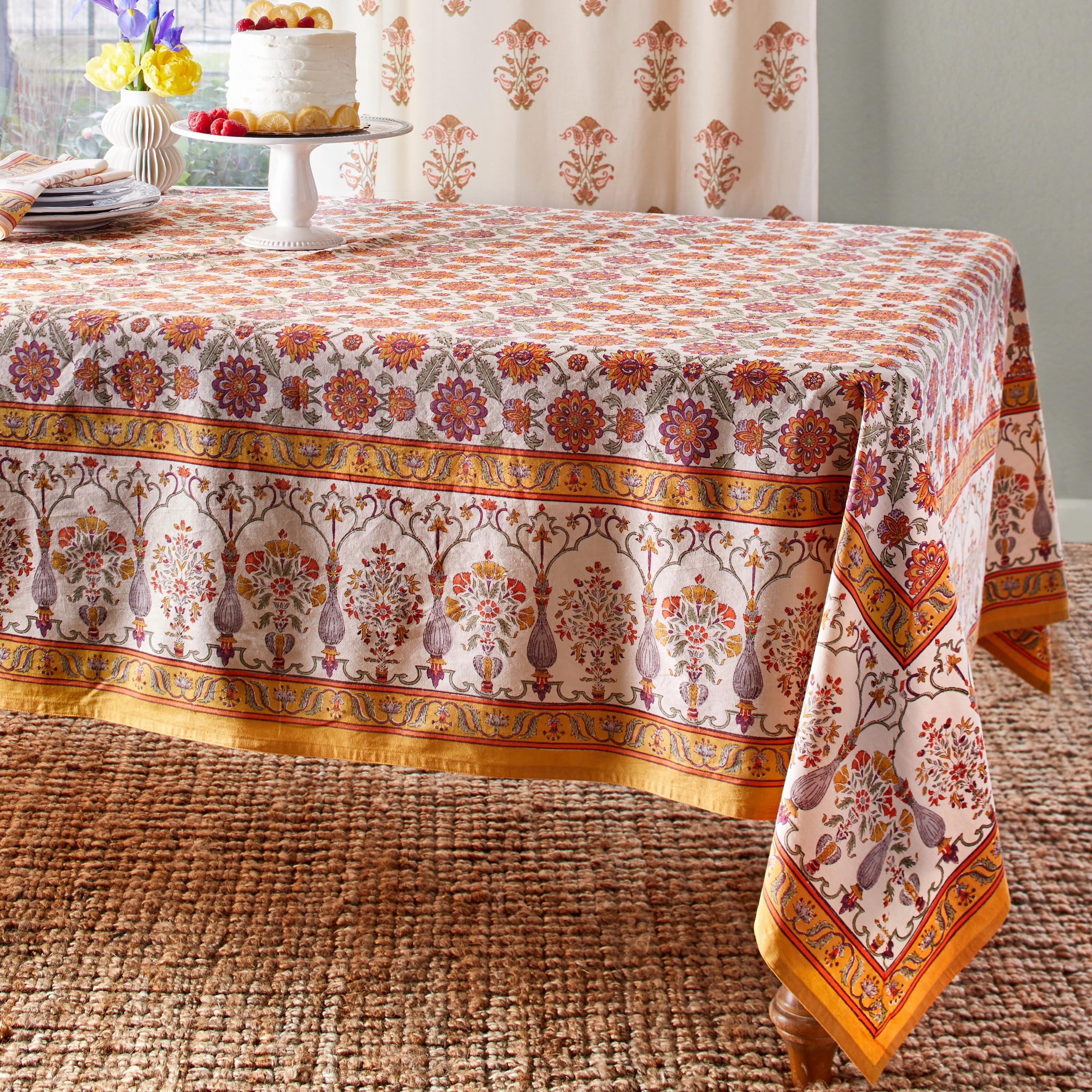 Orange Blossom Hand Block Printed Cotton Tablecloth - 100% Luxurious Washable Fabric, 70x108 Inches Rectangle Table Cover for Kitchen, Dining & Coffee Tables - Perfect for Home Decor, Parties & Everyday Use