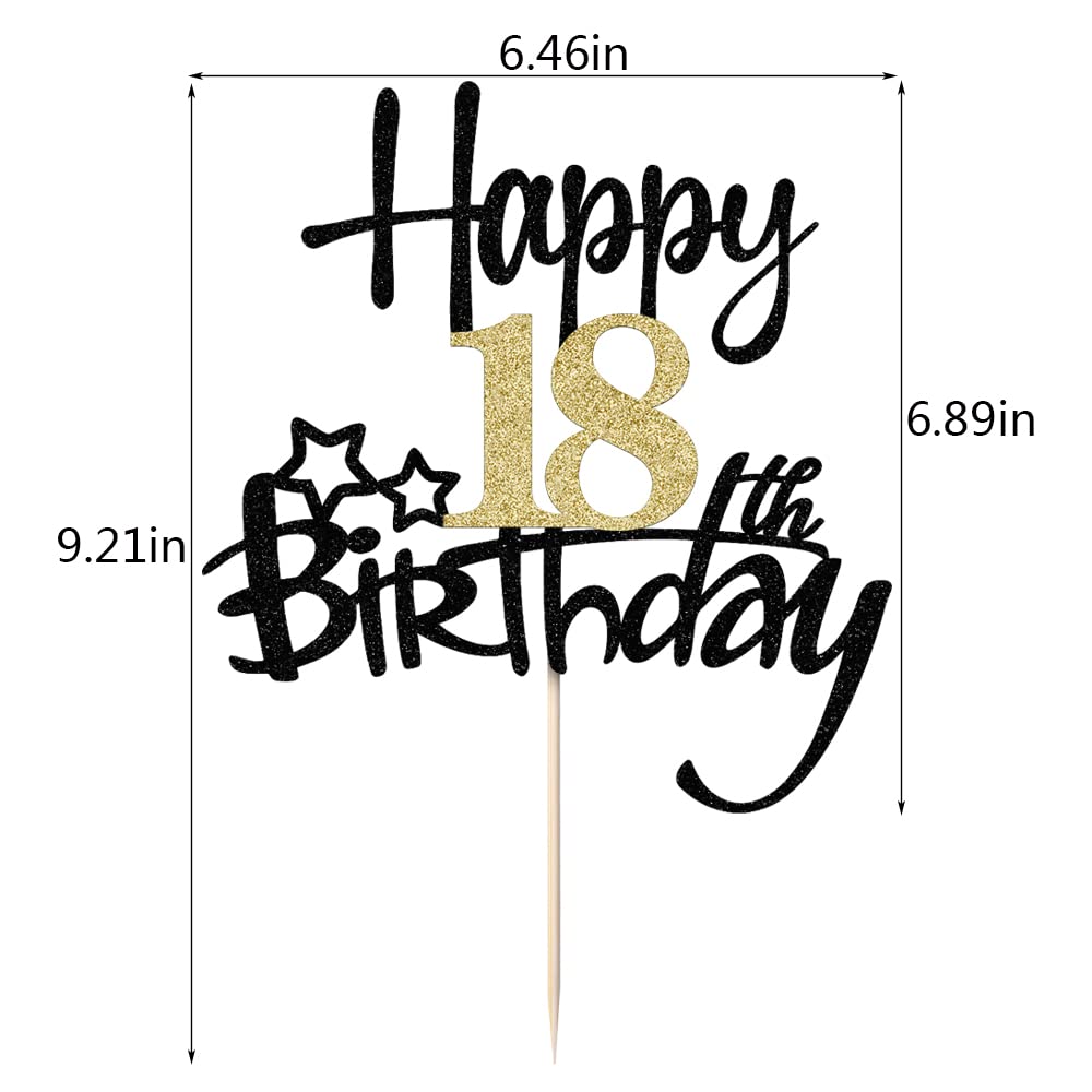 Kaoenla Black Gold Glitter Happy 18th Birthday Cake Topper - Hello 18/Cheers 18, Happy Eighteenth Birthday Party Decorations for Sweet 16, 18th & 21st Birthday Celebrations - Perfect for Milestone Birthday Cakes, Cupcakes & Dessert Tables