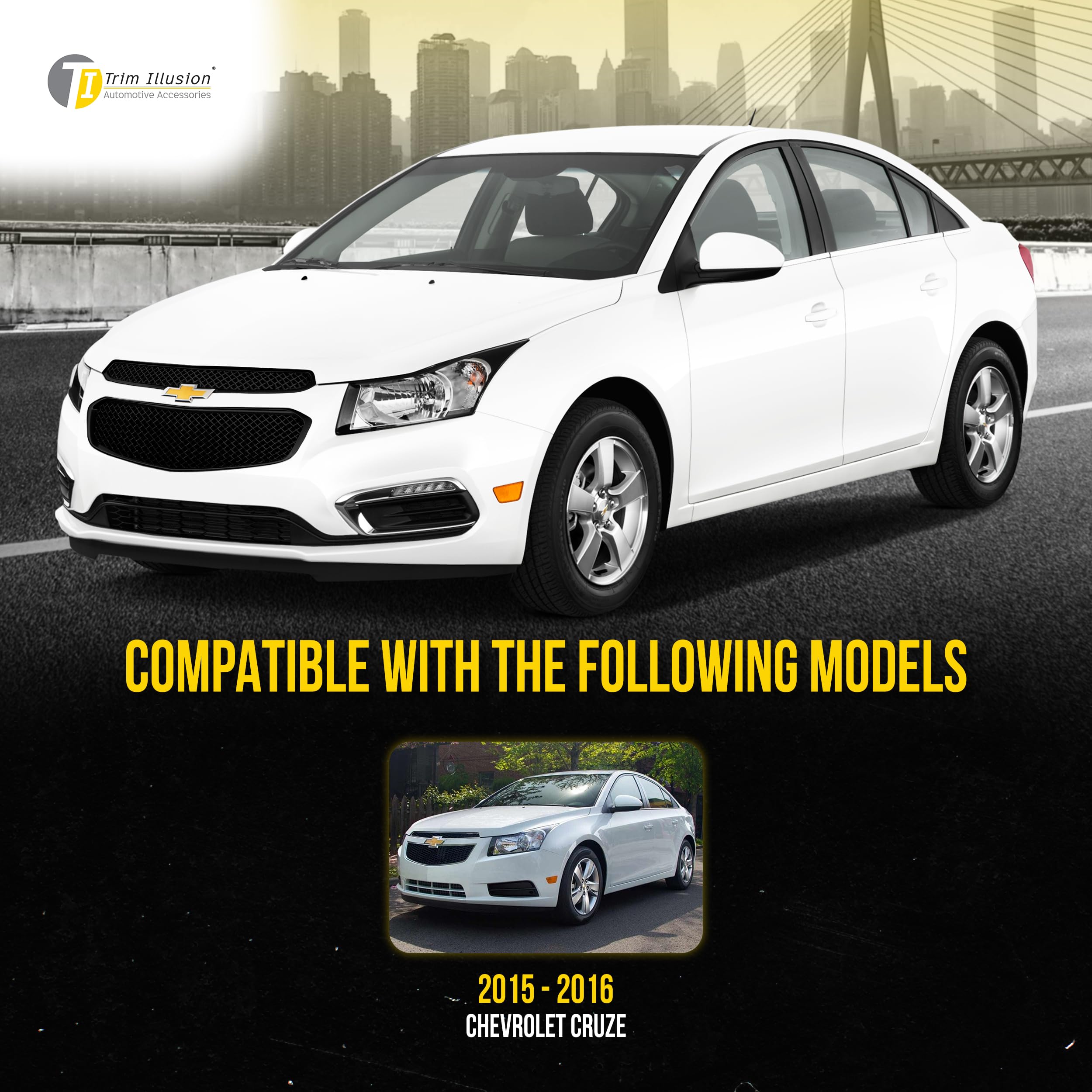 Patented ABS6423BLK 2-Piece Gloss Black Grille Overlay Insert for 2015-2016 Chevy Cruze LS/LT/LTZ - Easy Tape-On Installation, Durable ABS Material - Upgrade Your Car's Front Grille for Enhanced Style & Protection
