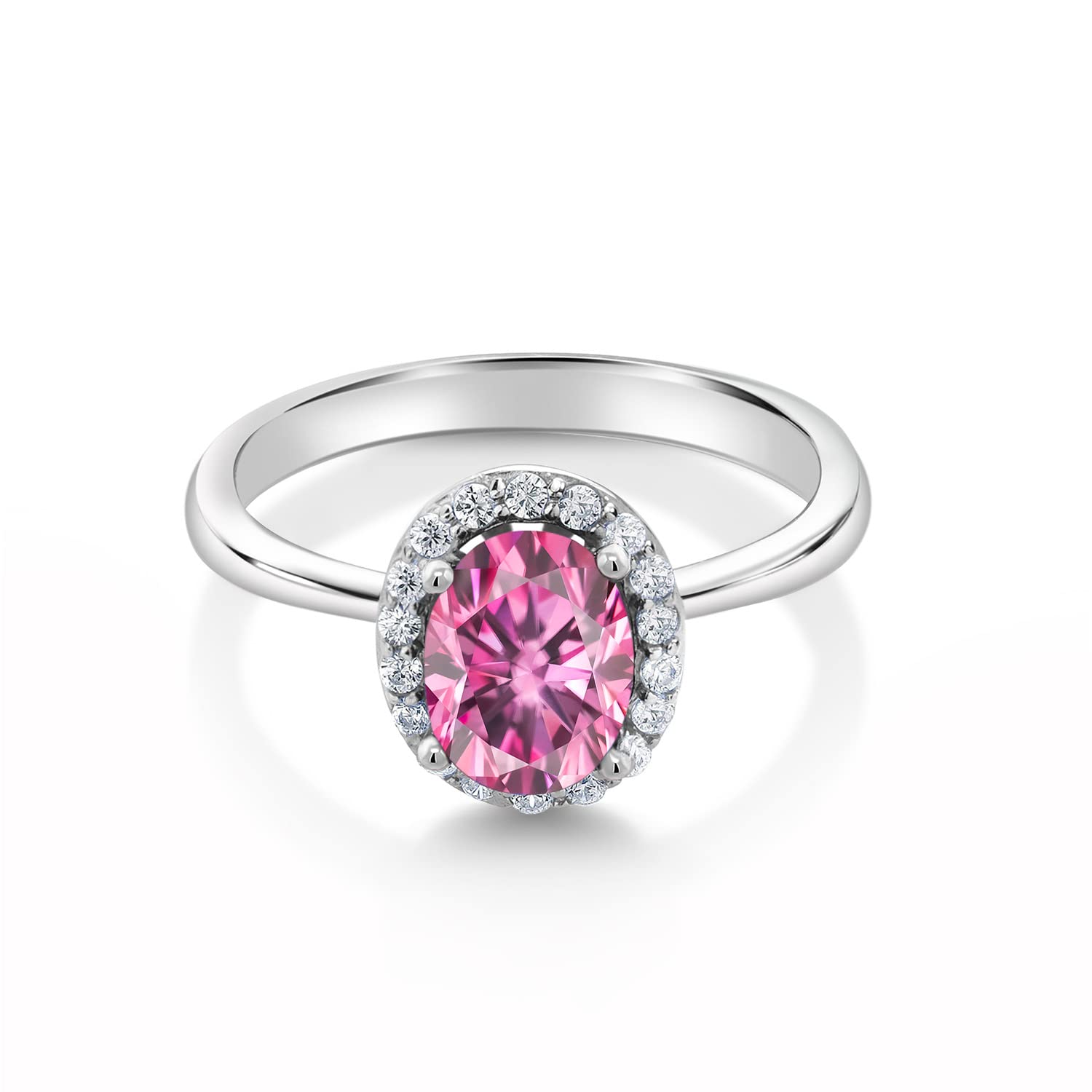 Gem Stone King 925 Sterling Silver Women's Halo Engagement Ring with Oval Pink Moissanite (1.58 Cttw) - Perfect for Proposals, Weddings & Anniversary Gifts